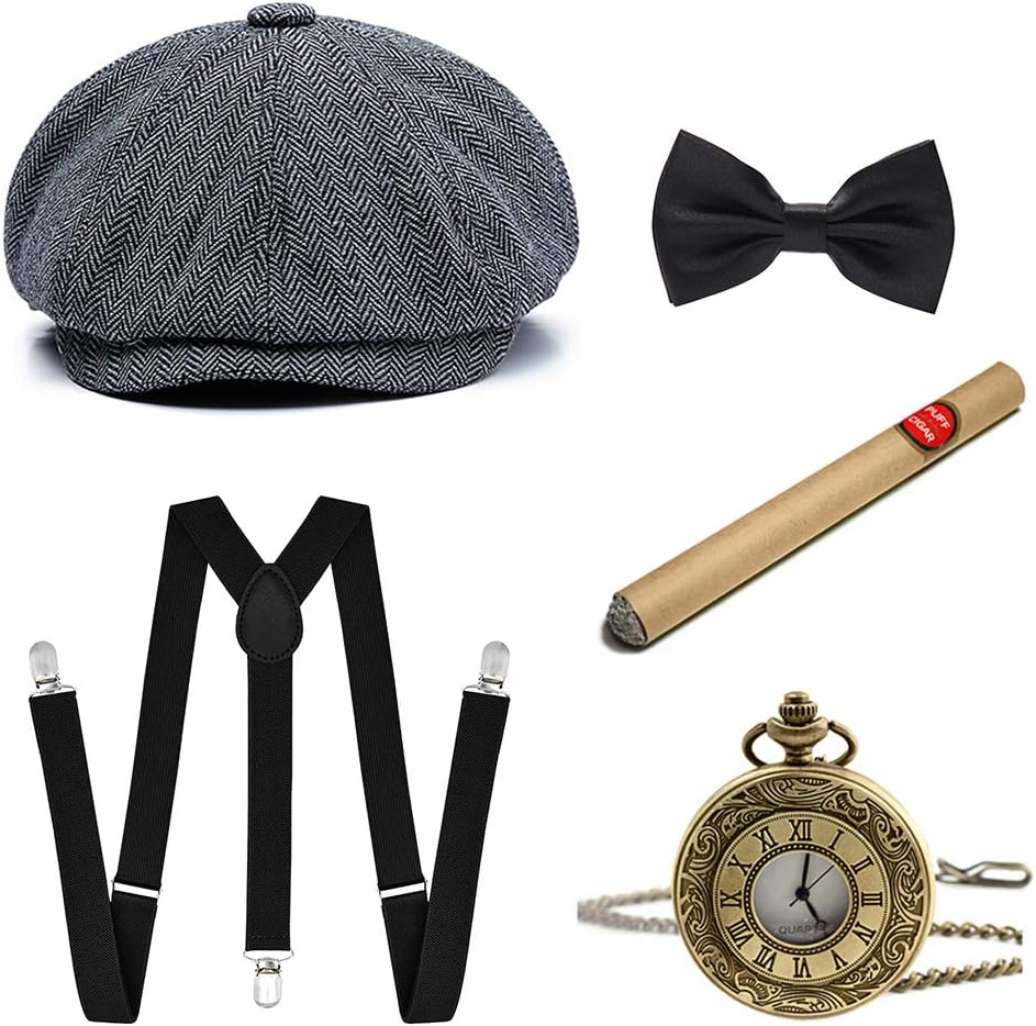 ZiyootMen's 1920s Accessories Gatsby Gangster Costume Set Tweed Newsboy Cap