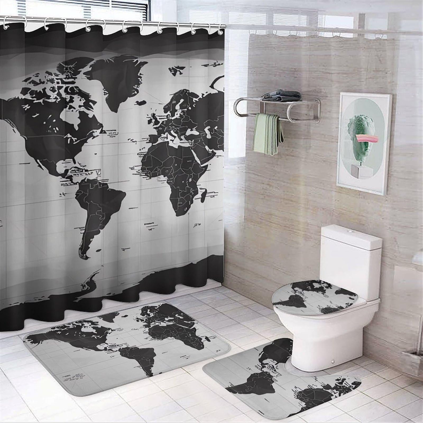 VFKLT Black and White World Map Shower Curtain 4 Piece Set with Non-Slip Bath Mat Toilet Rugs Toilet Lid Cover and 12 Hooks Waterproof Bath Curtain