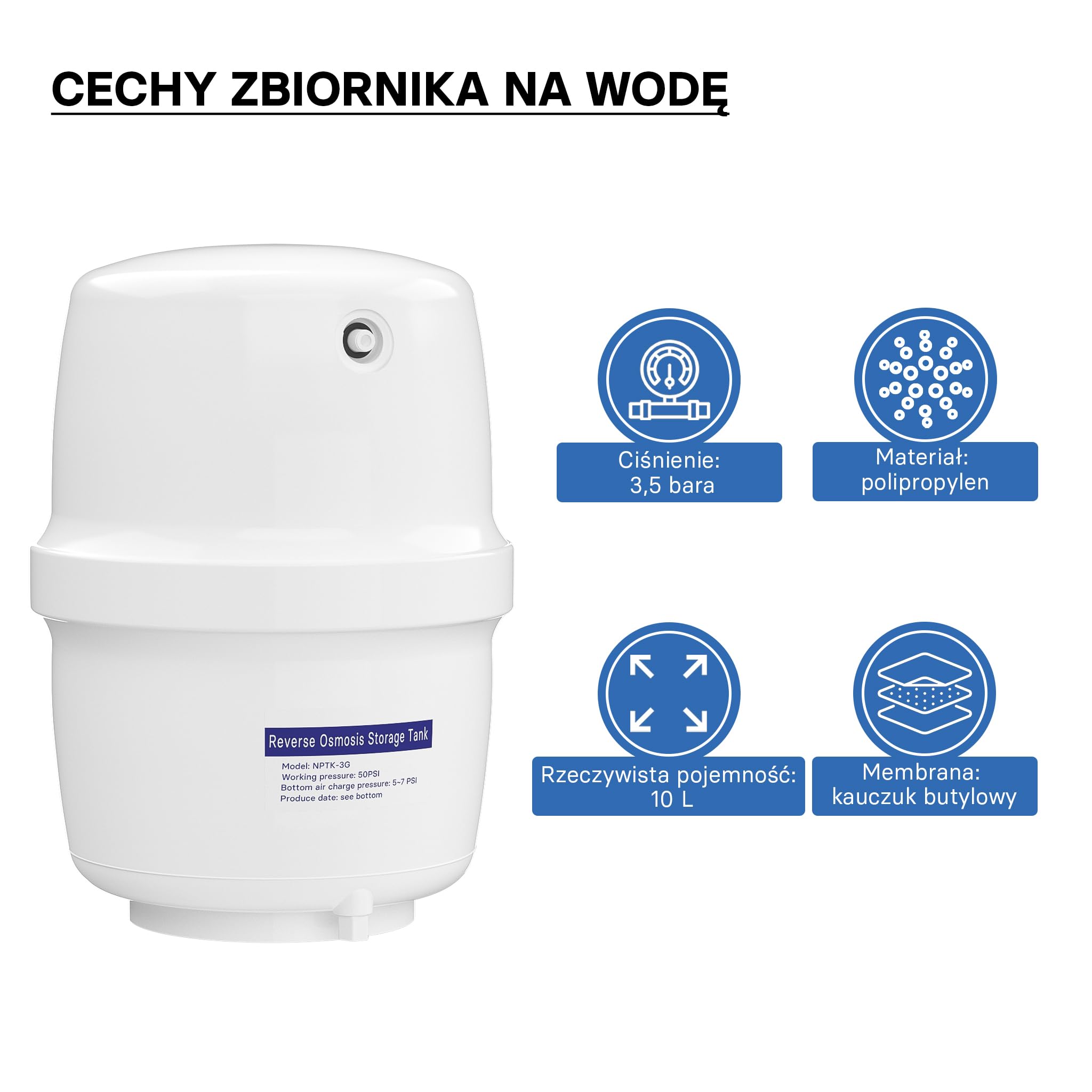Zbiornik na wodę Naturewater 4 G (15,14 l) do wody z odwróconej osmozy, pojemnik bezpieczny dla żywności, zbiornik z membraną z gumy butylowej