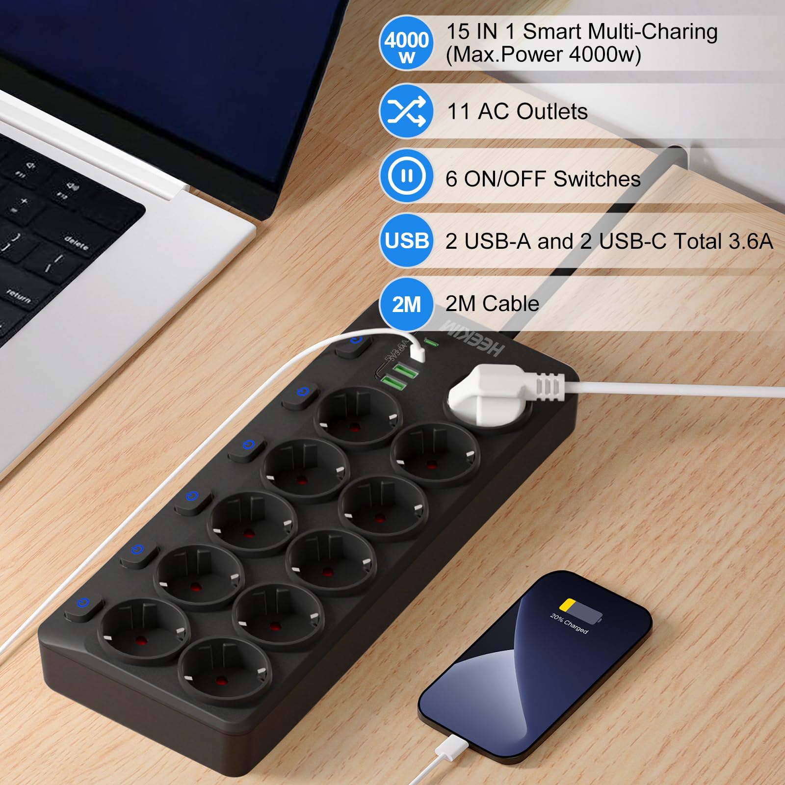 HEEKIM Multiprise, Multiprise Murale Commutable Individuellement 11 Prises avec 2 USB-A et 2 USB-C, 4000W/16A (Noir, 2M)