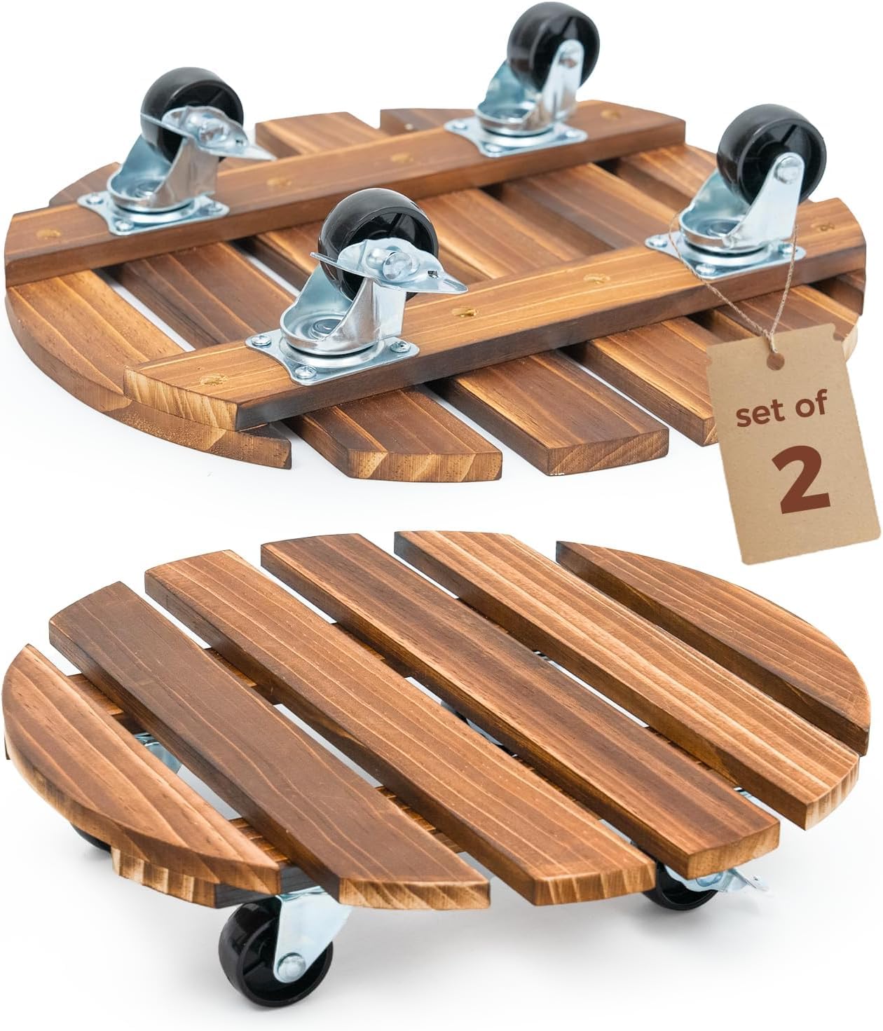 Bamworld Lot de 2 paniers à plantes en bois 35,6 cm avec roulettes – Chariot robuste 108,9 kg roues verrouillables 360°