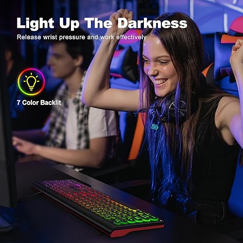 Miniatura 3 de Teclado de computadora con cable USB con retroiluminación, teclado de oficina de tamaño completo con almohadilla numérica, indicadores de tapas,