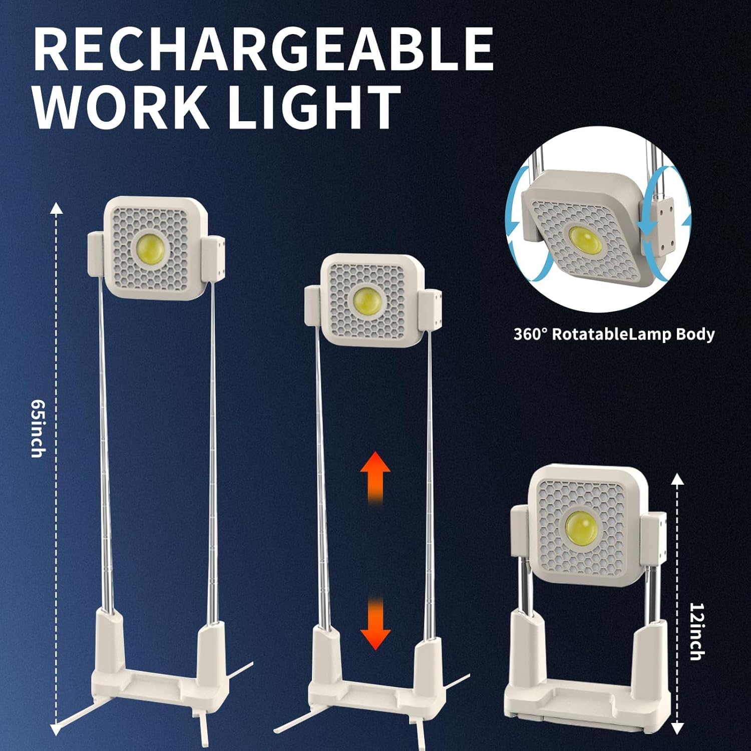AMPLIN Rechargeable LED Work Light, 360° Rotatable, Telescopic 12-65 inch Height, 100W, 10000mAh Battery, Waterproof Outdoor Light for Camping 1
