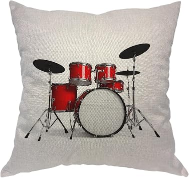 Moslion Music Pillows Rock N Roll Jazz Musical Instrument Drum Set for Show Concert Party Throw Pillow Cover Decorative Square Accent Cotton Linen Home Cushion Pillow Case 18X18 Inch Red Silver White