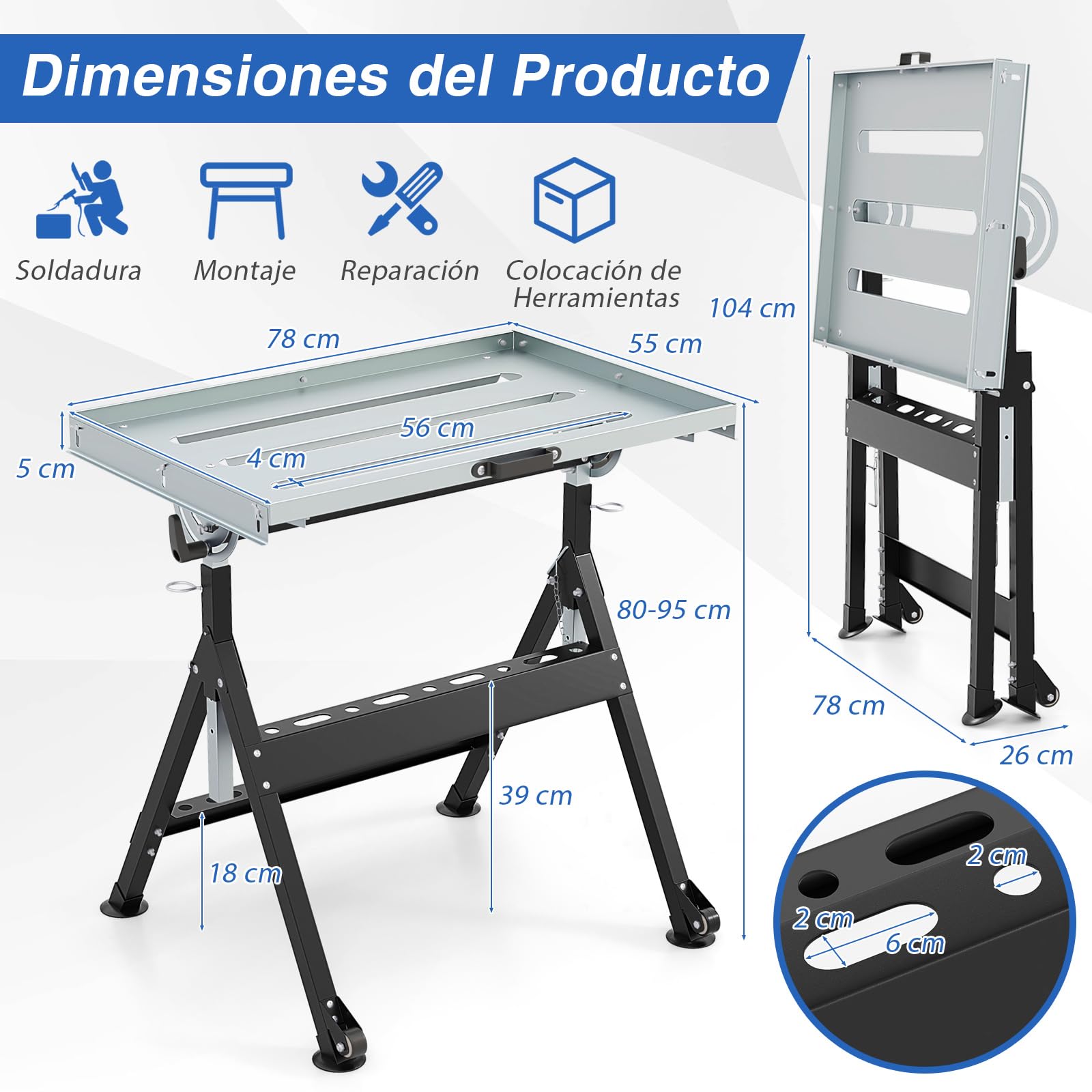 COSTWAY Mesa de Soldadura Plegable, Carro Herramientas con Ruedas, Altura Ajustable en 4 Niveles y Inclinable de 5 Ángulos de Inclinación, Banco de Trabajo de Soldadura Plegable y Portátil