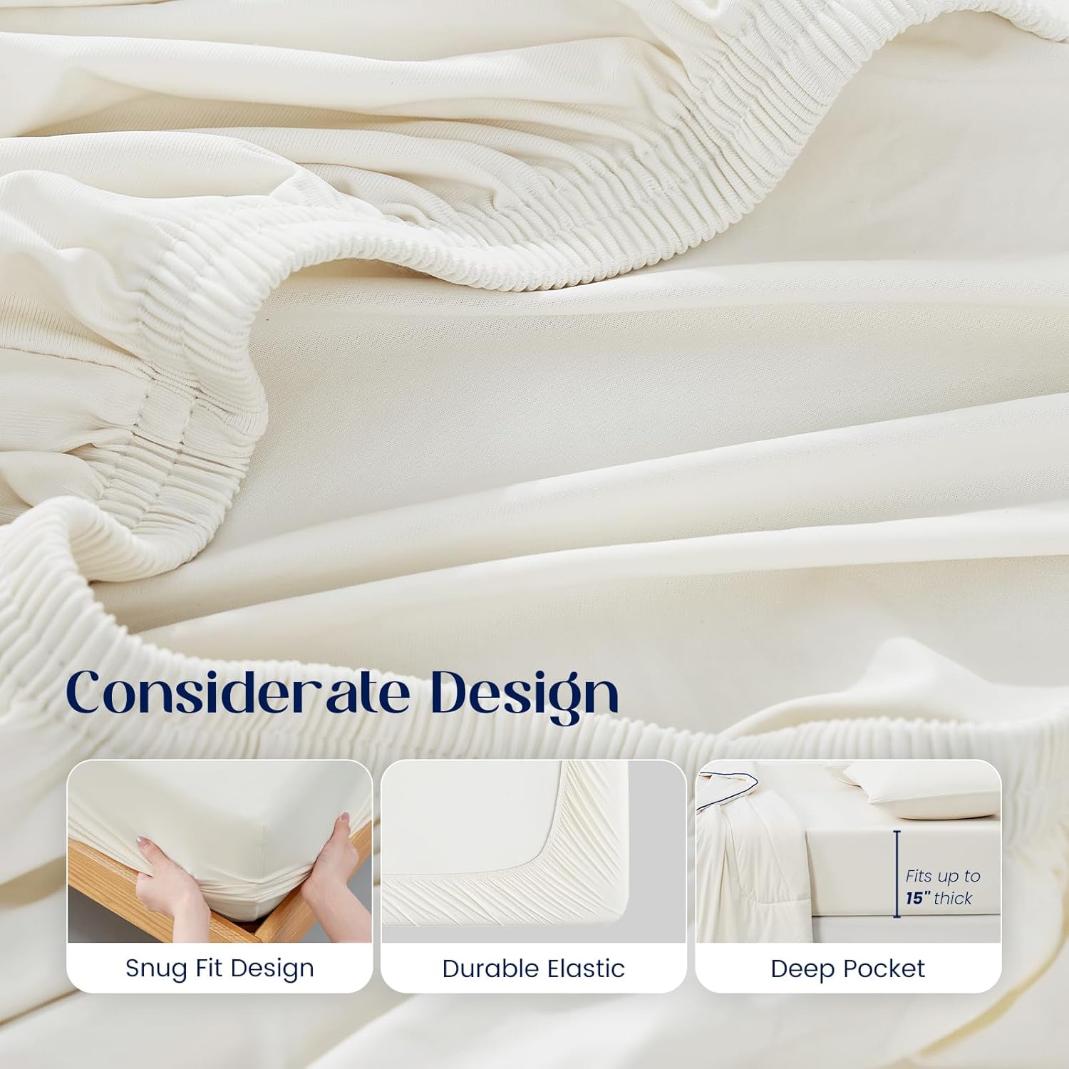 Dream Valley® Queen Sheet Set, Cooling Fitted Sheet with 2 Pillowcase-3 PCS with No Flat Sheet,Q-Max > 0.4 Aerocool, Cooling for Night Sweats, Hot Sleepers,deep Pocket up to 15",Ivory