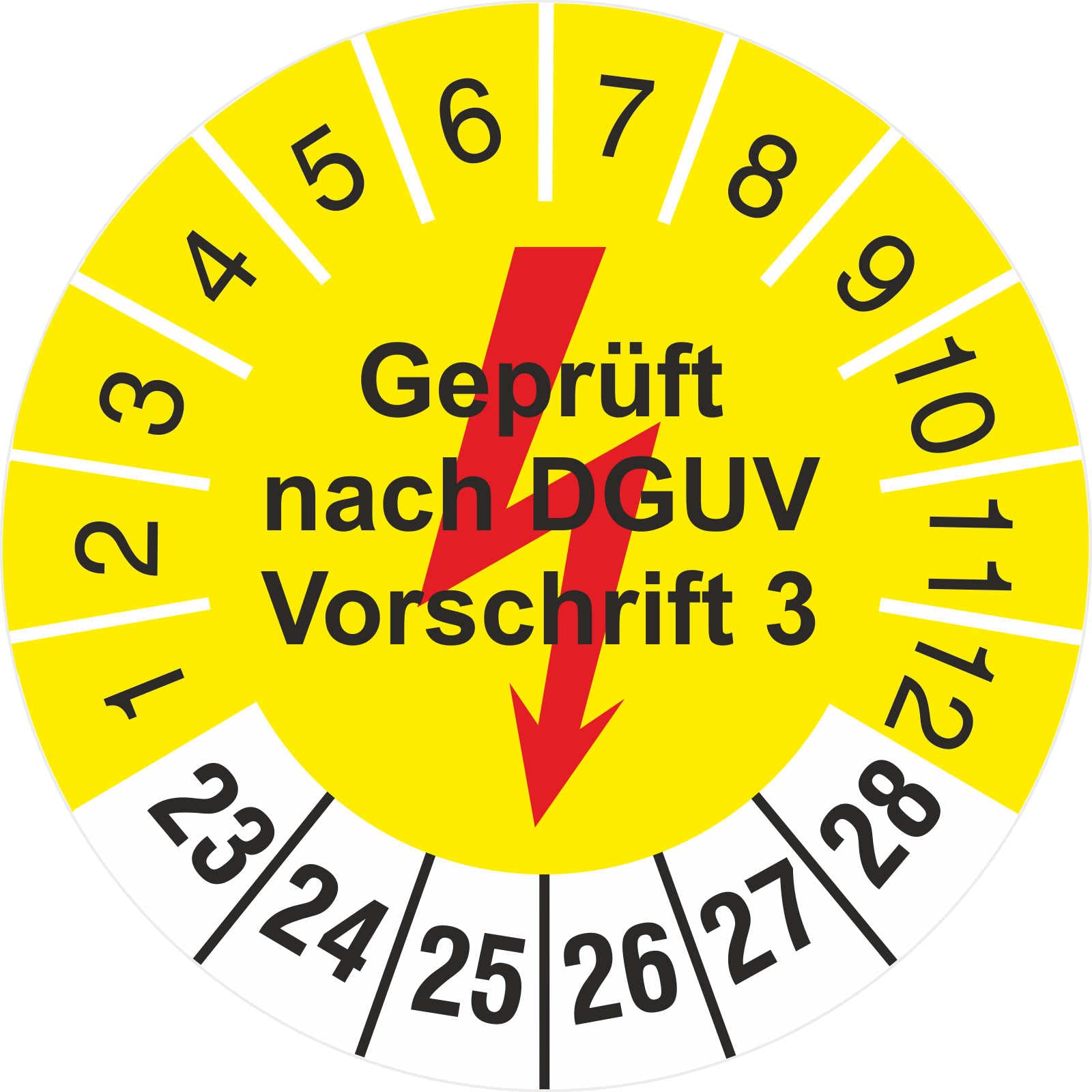 500 Stück Prüfetiketten 30mm Geprüft nach DGUV Vorschrift 3 gelb mit Blitz 2023-2028