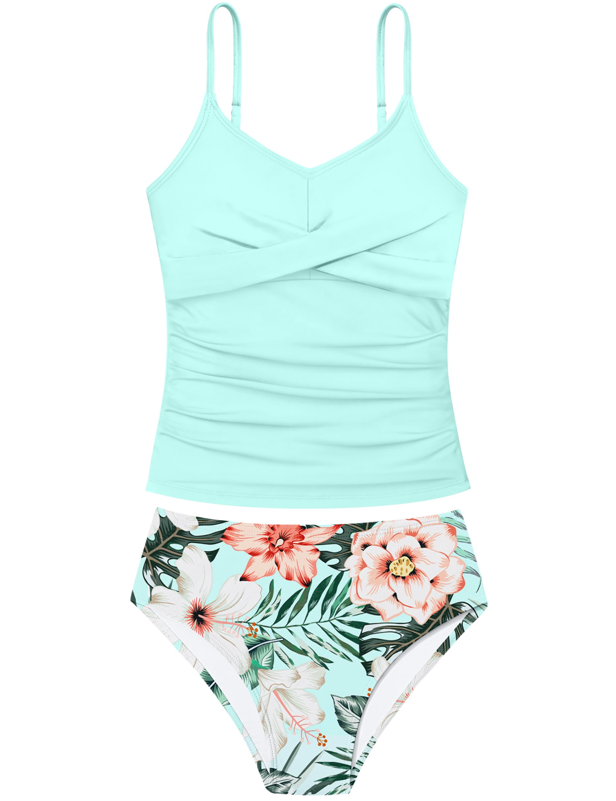 Girls Swimsuit 2 Piece Bathing Suit Criss Cross Ruched Girl Tankini Sets Printed Girls' Swimwear for 9-18 Years