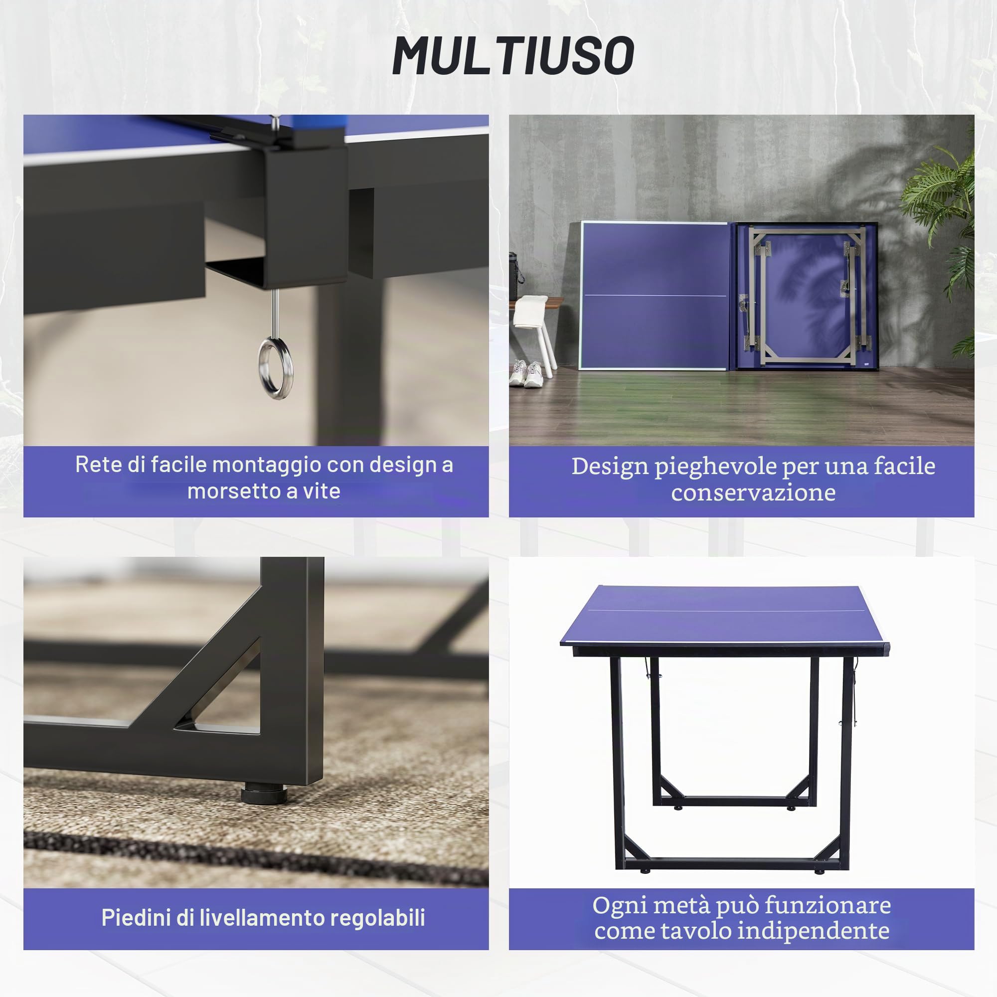 HOMCOM Tavolo da ping pong pieghevole, 182 x 91 cm, facile da trasportare, resistente alle intemperie, stabile, tavolo da tennis con rete e telaio in acciaio, per interni ed esterni, blu