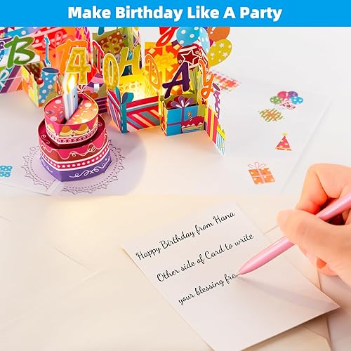 Miniatura 5 de Gumry Tarjeta Emergente de Cumpleaños Musical del 40 Aniversario, Tarjetas 3D de Vela de Luz Colorida Soplable con Canción, Sonido de Aplausos y