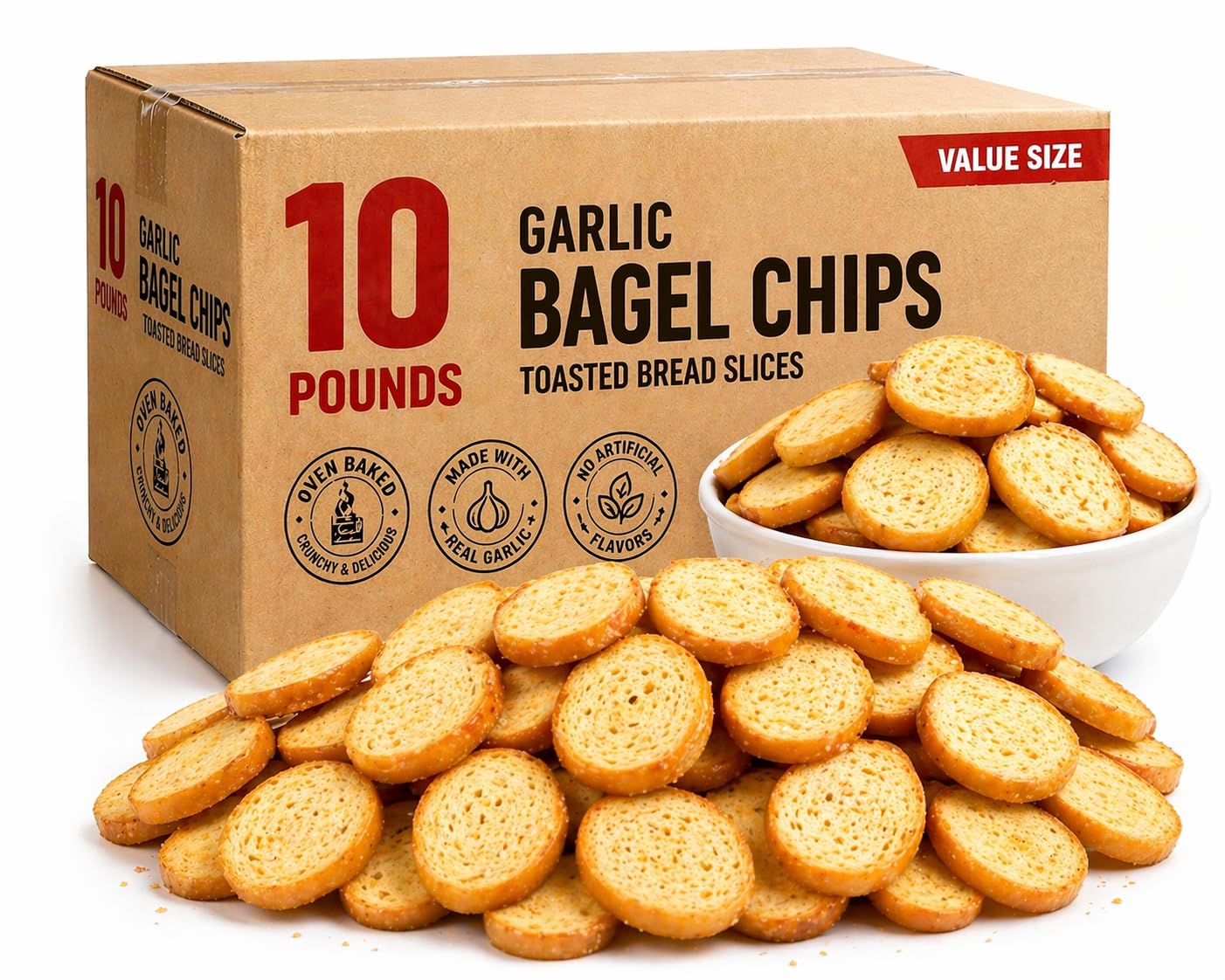 Garlic Bagel Chips 10 lb Bulk – Crispy Oven-Baked Garlic Snack Crackers – Food Service Size – Great for Dips, Hummus, Salads & Catering