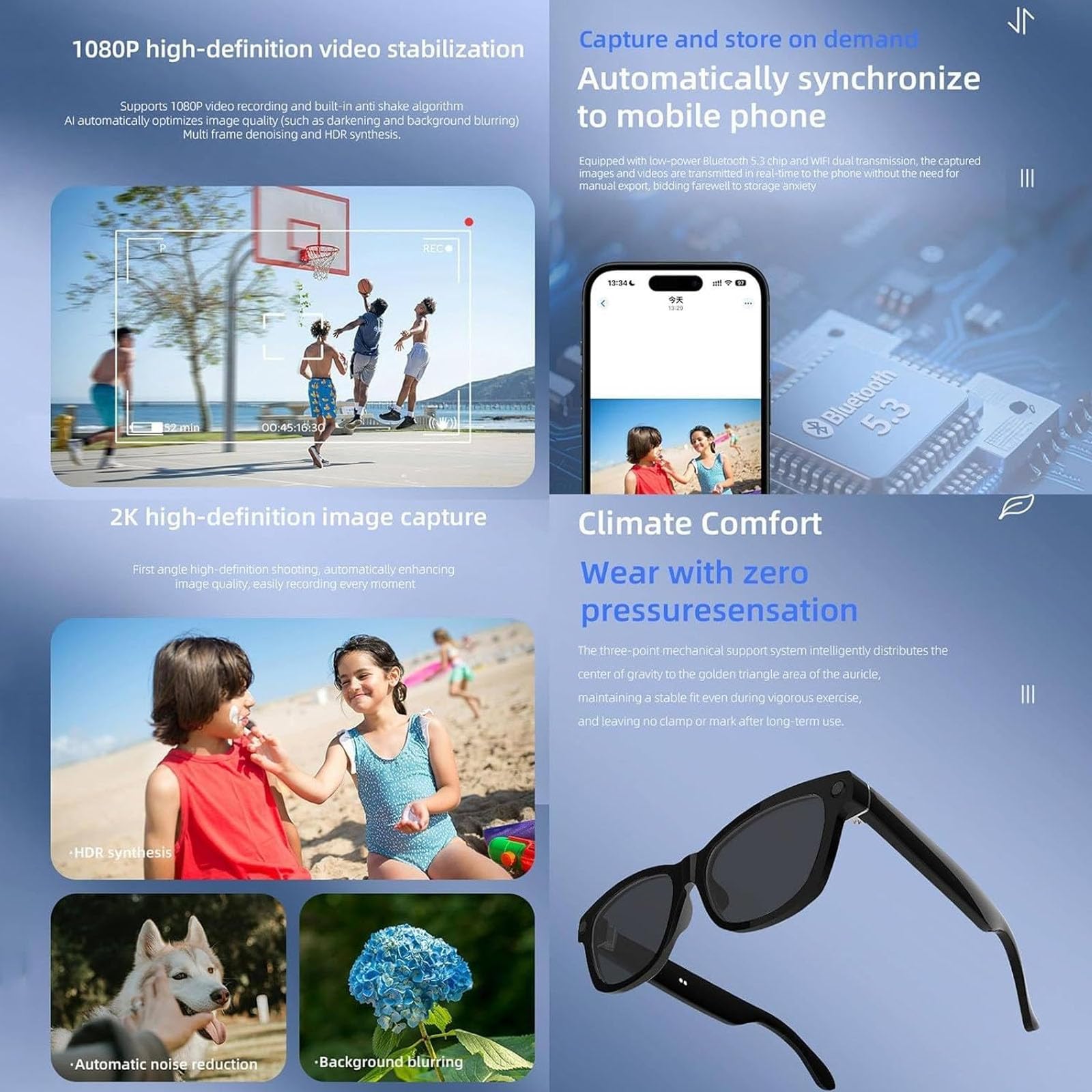 Occhiali intelligenti con fotocamera, registrazione video HD 1080p, traduzione multilingue, audio wireless, riconoscimento oggetti, lenti fotocromatiche per viaggi e uso esterno