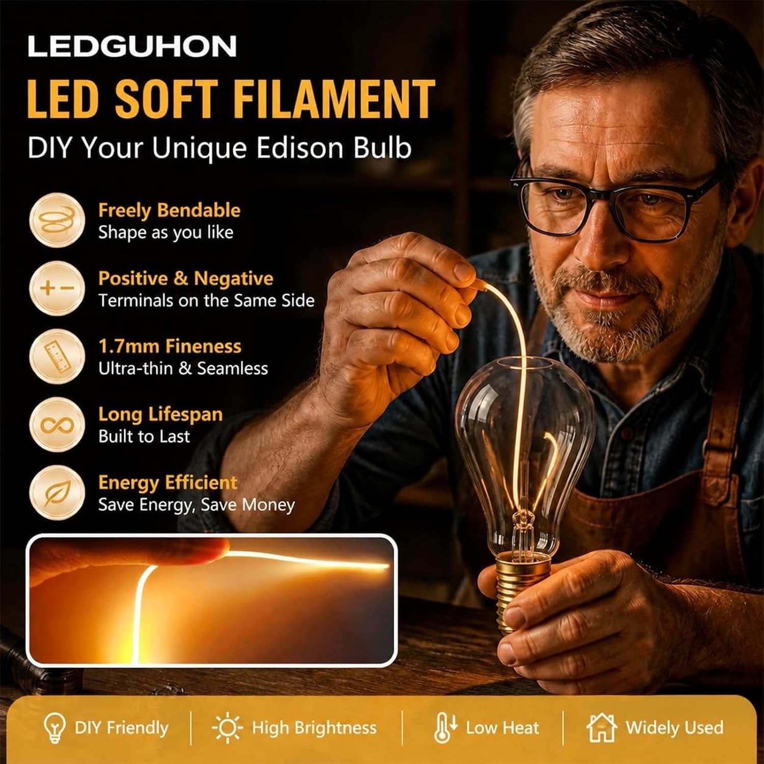 5PCS DC3V 213mm 2700K Warm White LED Filament, Spiral Flexible Soft Silicone Filament, Same-End Terminals, Retro Edison Bulb Parts for Vintage Bulb Replacement & DIY Lamp Repair（8.38inch） image 4