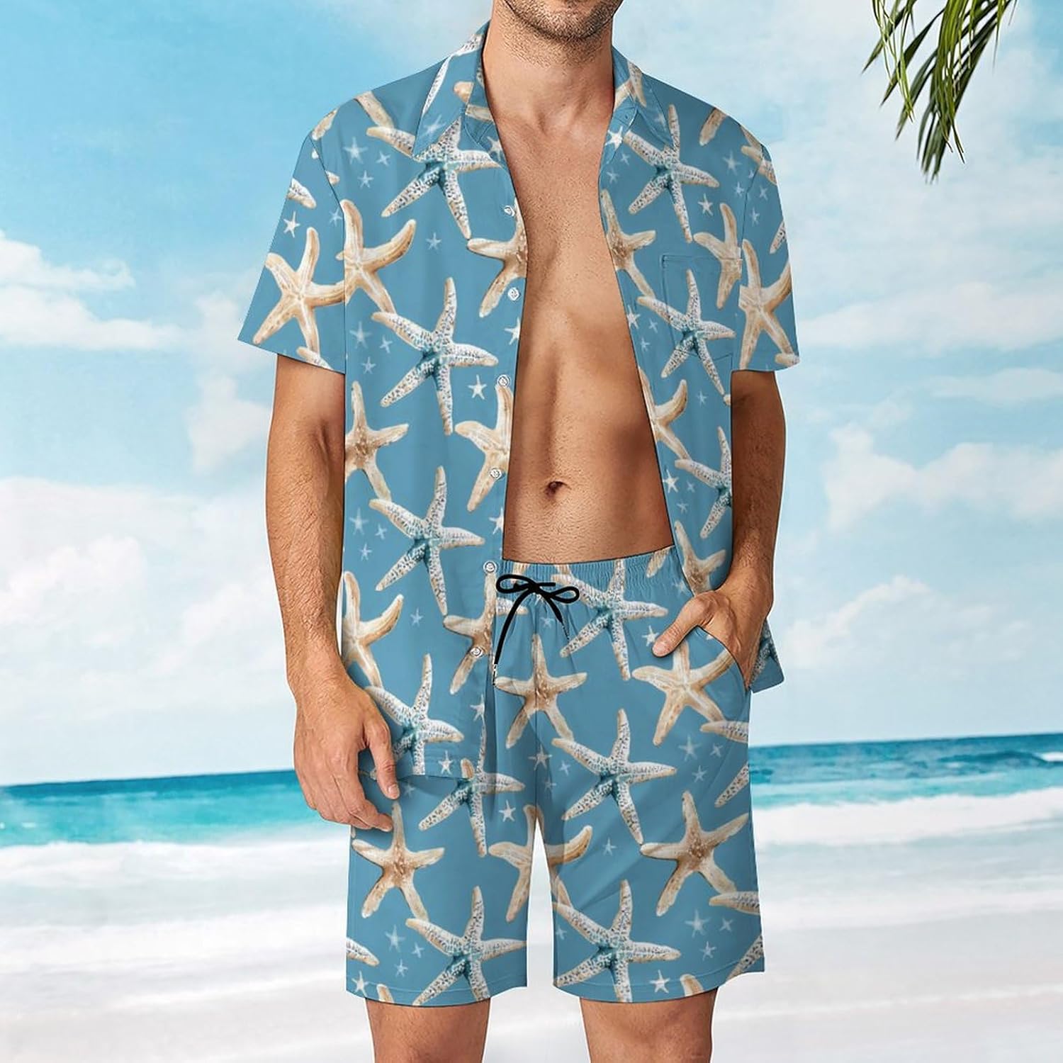 Starfish Shell Men's Summer Beach Outfits Shirt And Shorts Set 2 Piece Vacation Swimwear