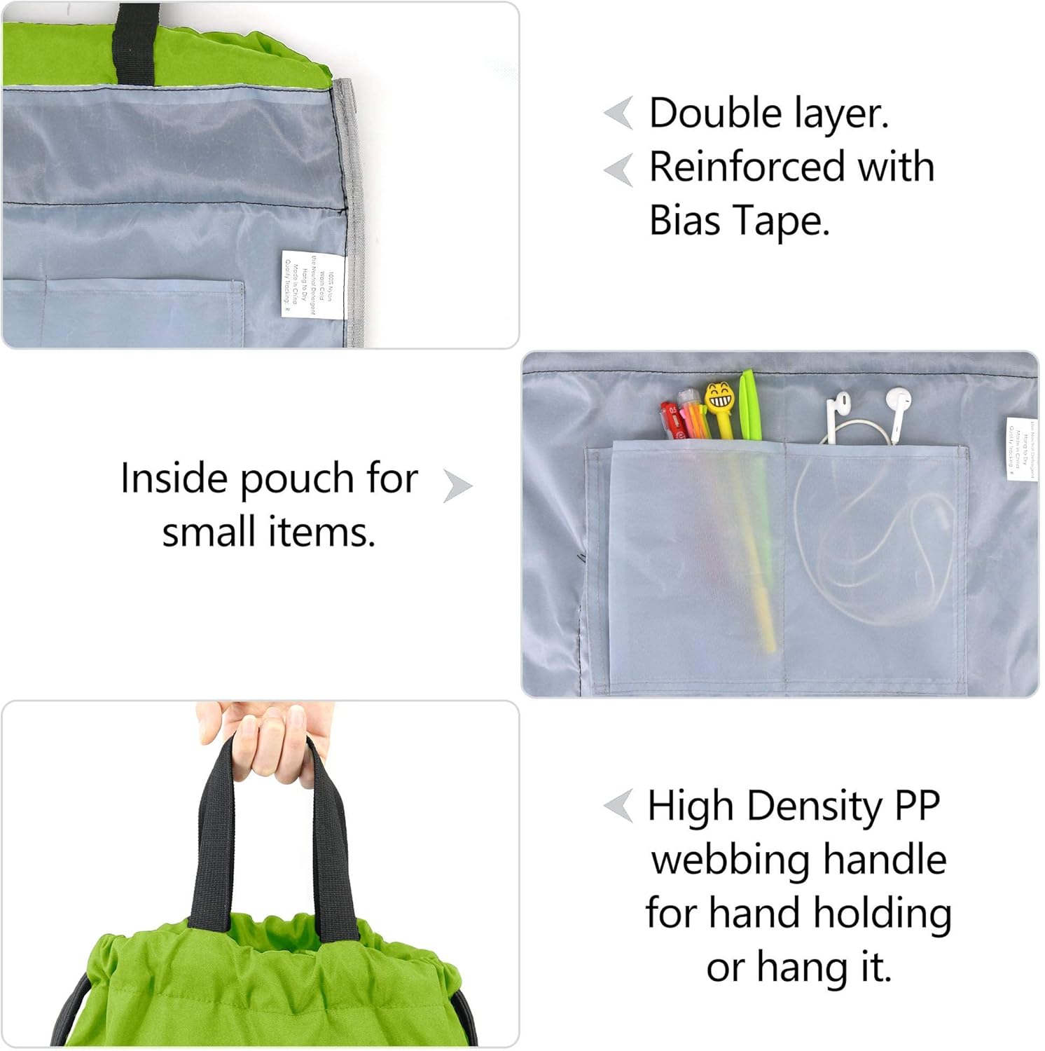 BeeGreen Gray Cinch Bag String Backpack w 2 Zipper Front Pockets Gym Sackpack for Unisex Boys Girls w Side Drawstring Pouch Washable Cinch Sack for Swim Workout Sports: Clothing, Shoes & Jewelry