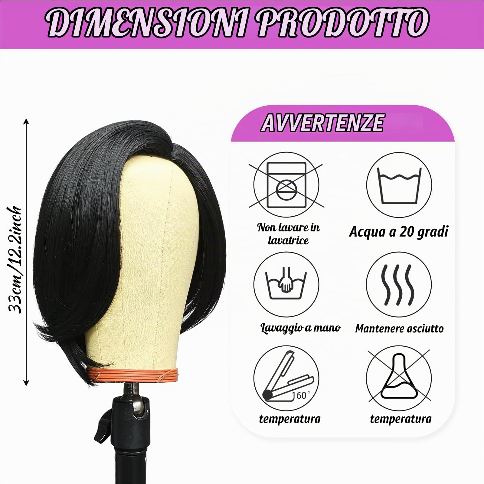 Parrucca Nera Bob per Donna, Capelli Sintetici Lisci Corti da 12 Pollici /30 CM, Separazione Laterale Parrucche Lunghe Fino Alle Spalle per Carnevale Cosplay Feste Quotidiano (Nero)