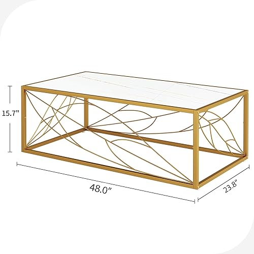 Miniatura 2 de DWVO Mesa de centro rectangular moderna de pizarra con patrón de mármol de 48 pulgadas, mesas de centro blancas y doradas para sala de estar