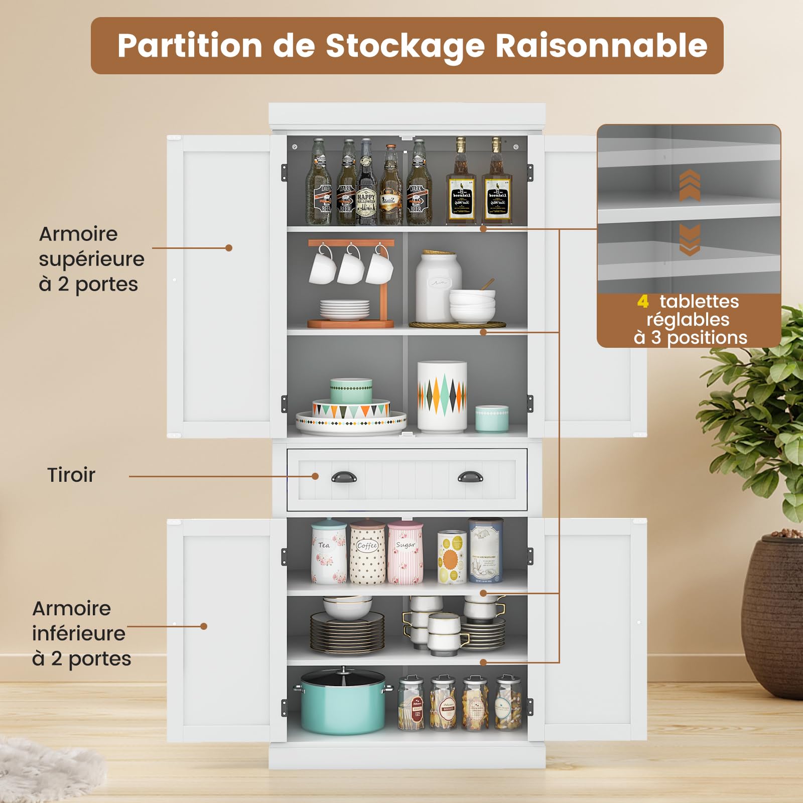 GOPLUS Meuble de Rangement Haut avec 4 Portes & 2 Tiroirs, Buffet Haut de Cuisine avec Étagères réglables pour Salle à Manger, Salon, Cuisine, Salle de Bain, 76 x 40 x183 cm (Blanc)