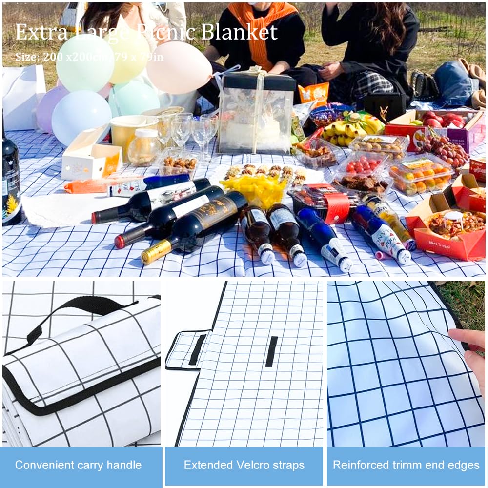 Tyuodna Large Picnic Blanket 200 x 200 cm,Beach Blanket Waterproof and Sand Proof with Carrying Handle,Foldable Picnic Blanket Large Padded,Beach Mat Picnic Mat Machine Washable (black white grid) - Image 2