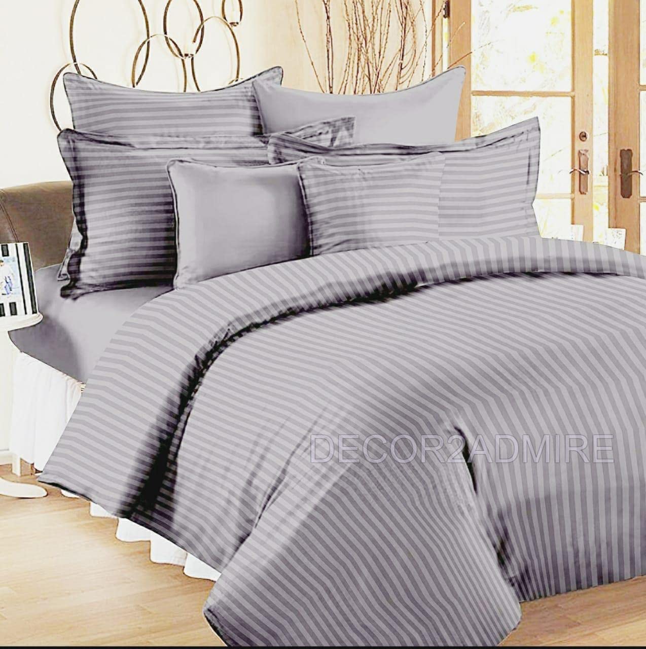 DECOR2ADMIRE 300TC Glace Cotton Satin Stripe King Size Double Bedsheet for Double Bed with Two Pillow Covers (Super King, Grey)(108 * 108 Inches)