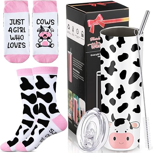 2 calcetines de vaca con estampado de vaca, calcetines de vaca para mujeres y niñas, vaso de agua delgado de 20 onzas con tapas, popote y cepillos