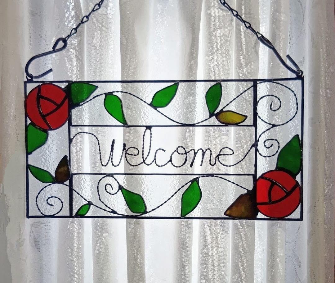 149 ステンドグラス 赤いバラのウェルカムボード アクリルスタンド付き