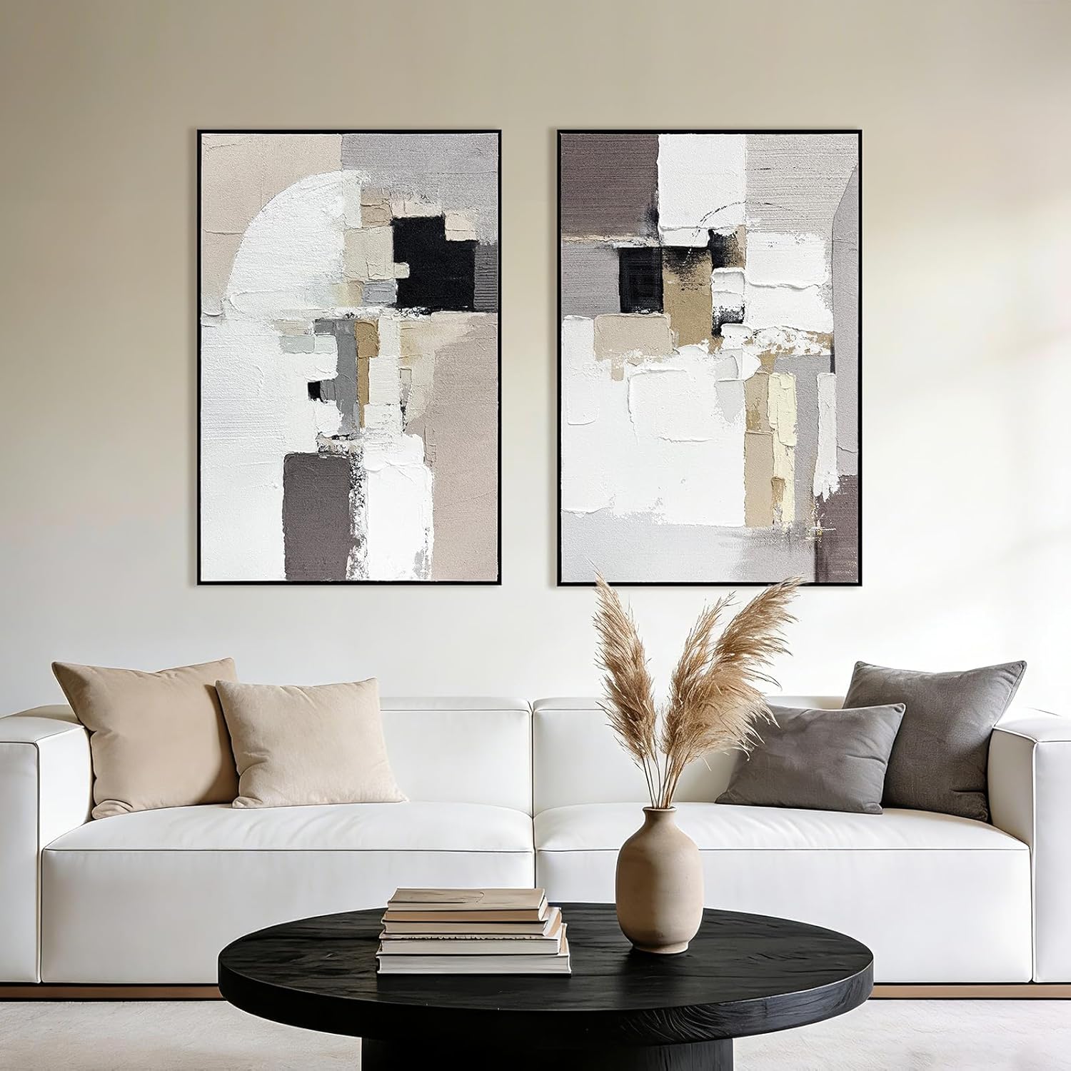 SAFERRYHOME Neutral Abstract Hand Painted Wall Art, 3D Textured Minimalist Framed Canvas Wall Decor, Large Modern Geometric Painting Artwork for Home Office Living Room, 24"x36"x2