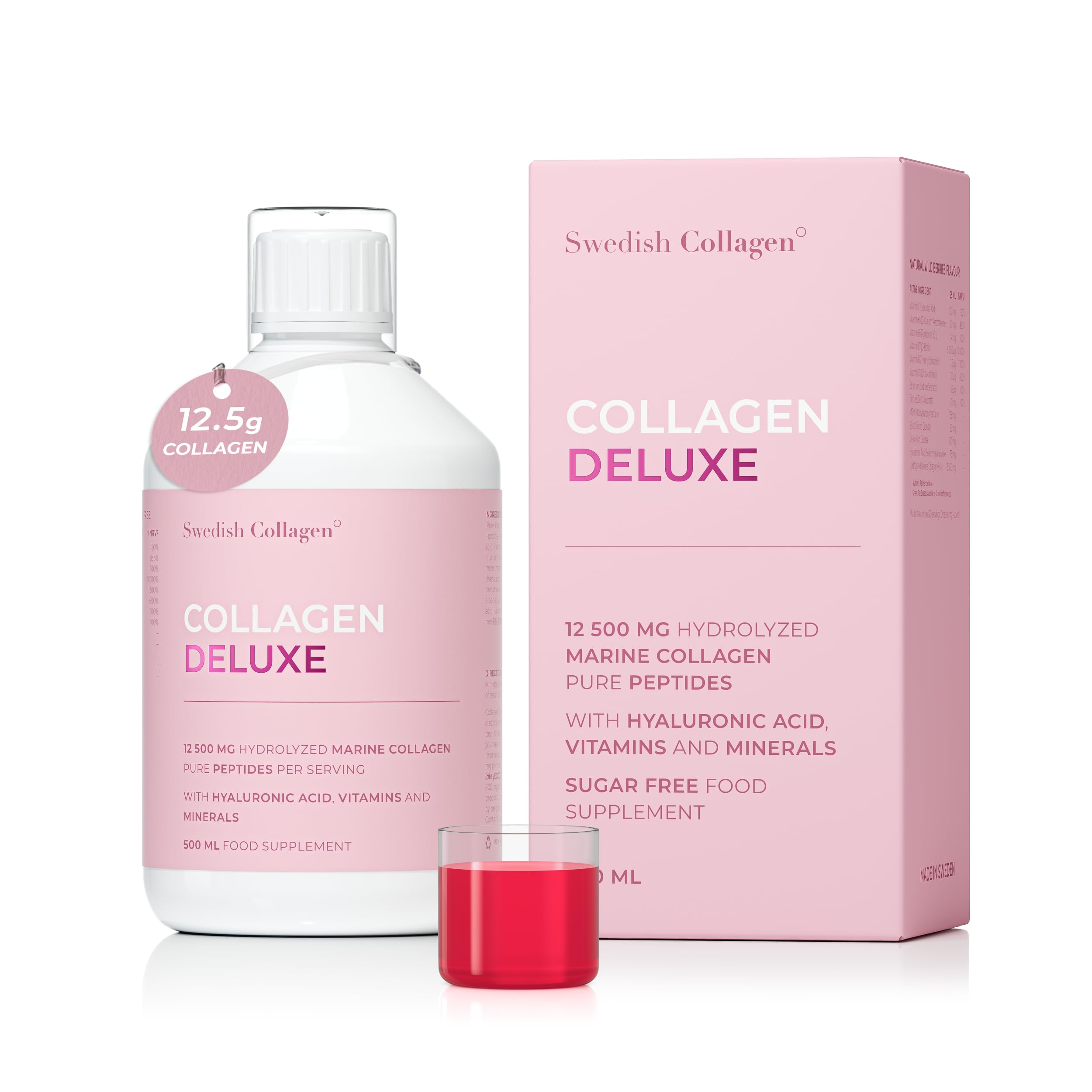 Swedish Collagen Deluxe | 12,500 mg Hydrolyzed Marine Collagen Liquid Supplement - 500 ml, 20 Day Supply | Hyaluronic Acid, Biotin and Vitamin C for Healthy Hair, Skin, Nails and Joints | Sugar-Free