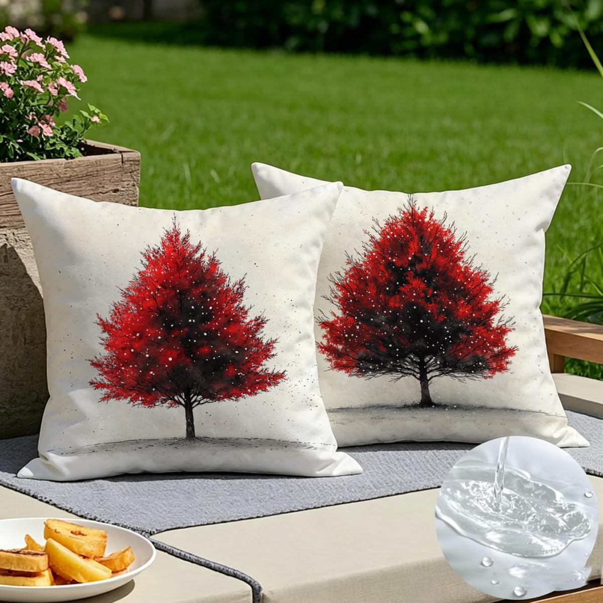 Lot de 2 housses de coussin rouge 60x60 en lin avec motif arbre et fermeture éclair invisible