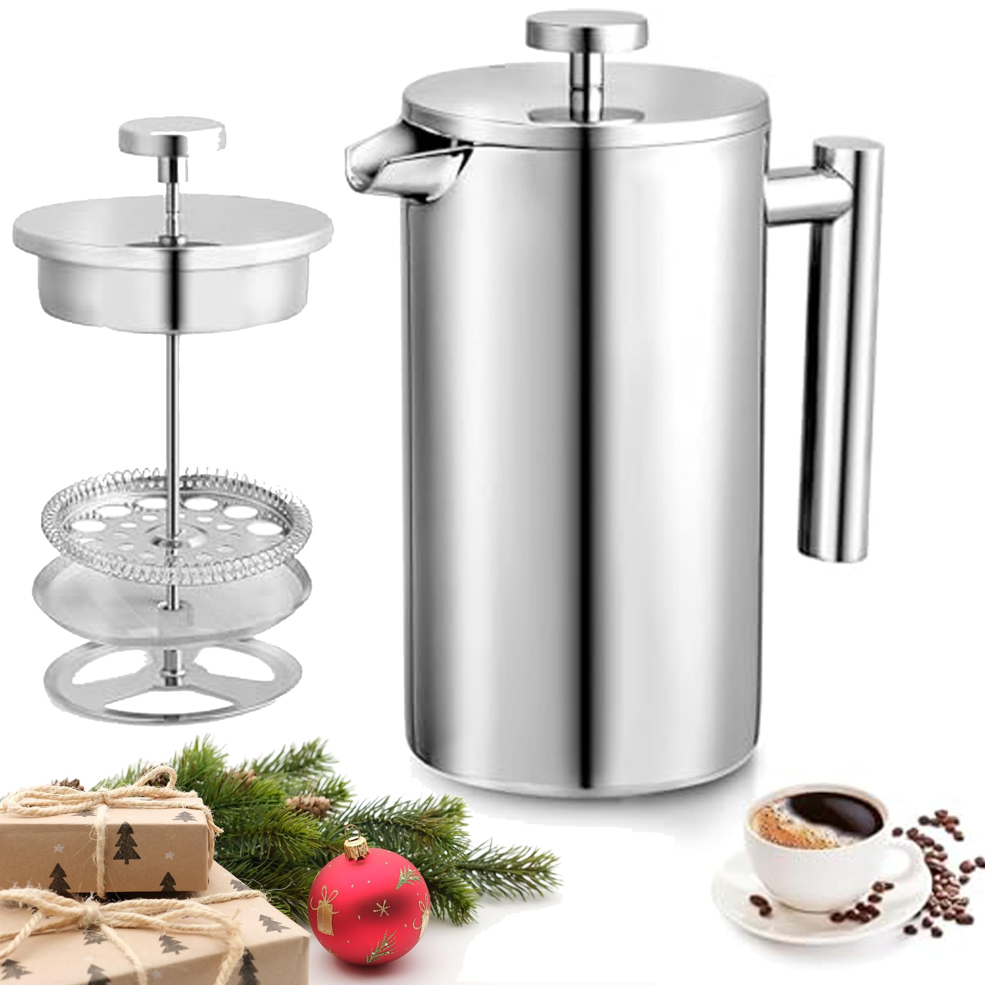 Miuly French Press 34oz, Double Insulated 304 Stainless Steel Coffee Press,Stainless Steel French Press with 2 Extra Fliters and 1 Coaster Mat Coffee Set(34oz, Sliver)