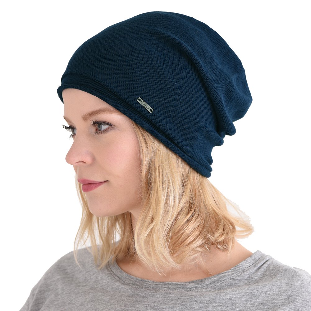 Slouchy Summer Beanies for Women & Men, Indoor Winter Organic Knit Hat for Chemo & Sensitive Skin Men Women Knit Hat Fashion Summer Winter All Season Chemo Medical Cancer Natural Navy