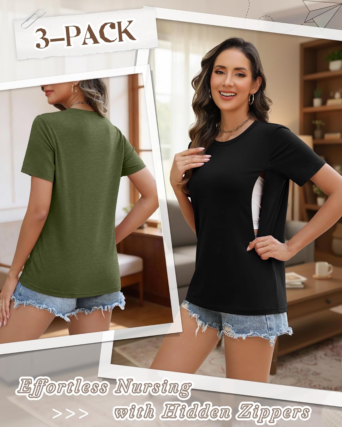 3 Pack Women's Maternity Nursing Shirt for Breastfeeding Hidden Zipper Short Sleeve Crew Neck Pregnancy Top - Image 5