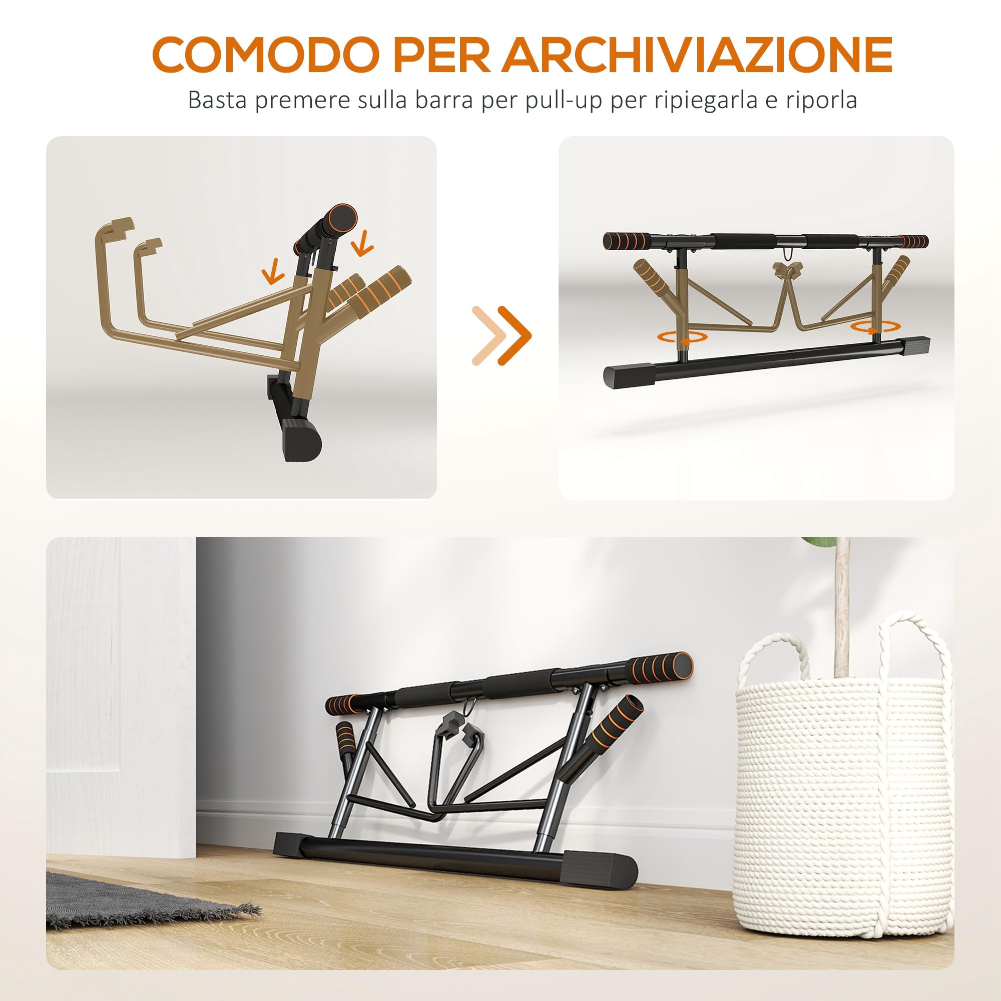 Barra Per Trazioni E Flessioni SPORTNOW – Senza Montaggio, Per Porte 80-100 Cm, Acciaio 150 Kg, Maniglie Imbottite
