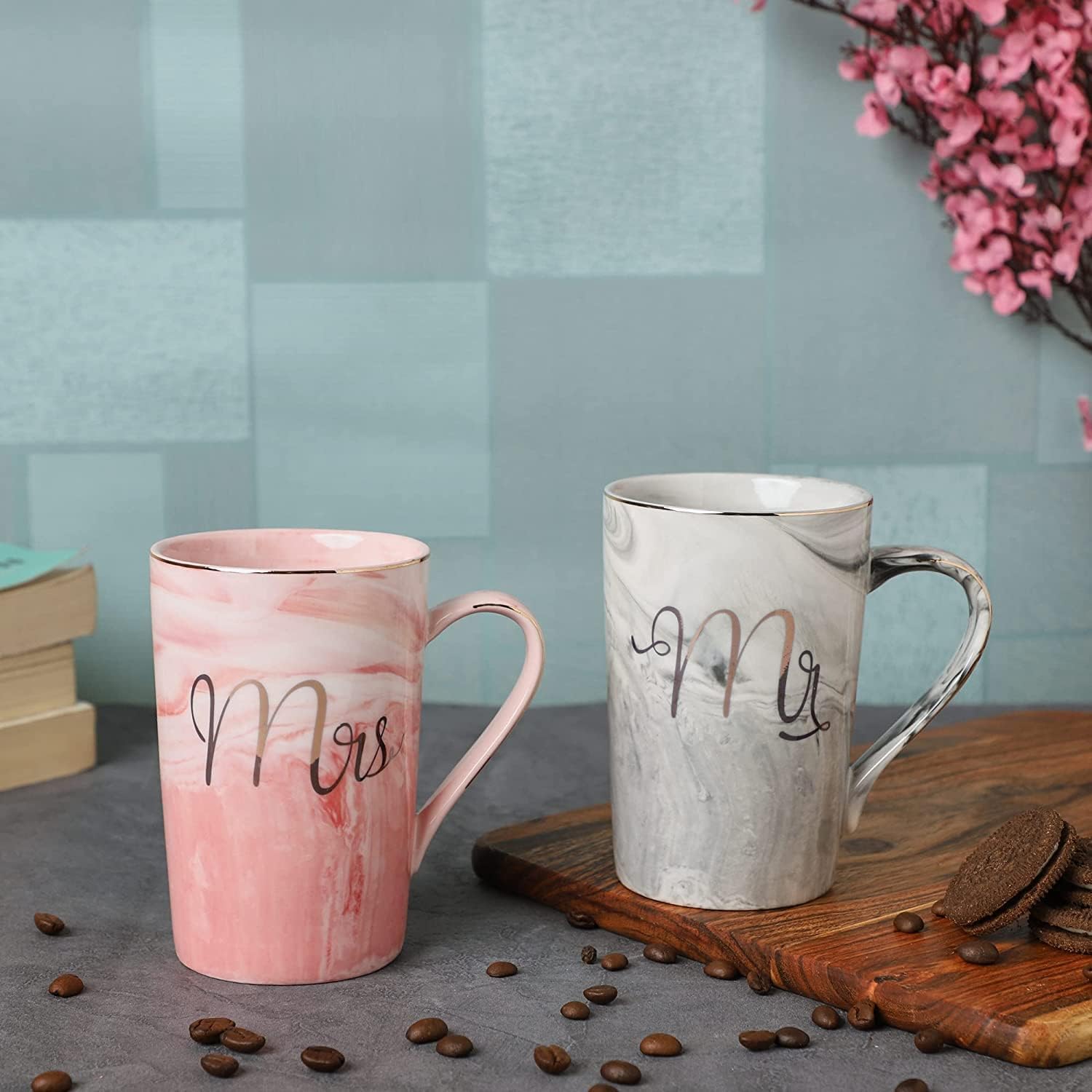 PATRANI FASHION Ceramic Tea Coffee Mug 310 ML, Set of 2 Best for Anniversary Wedding Engagement Valentine Gifts for Couple Teachers Women Men Husband Wife with Box Mr & Mrs Mug (Long) 1