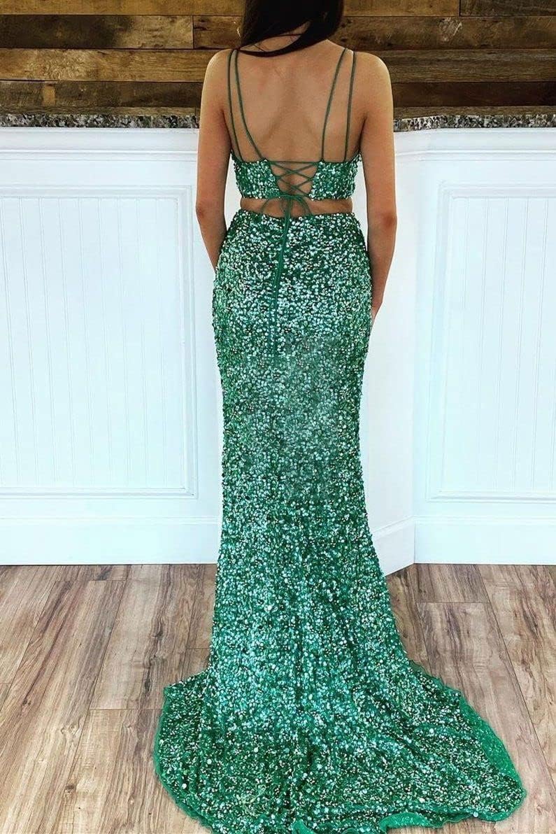 Two Piece Prom Dress Sparkly V-Neck Mermaid Sequin Bridesmaid Dress for Women Long Formal Evening Gowns with Slit TS063