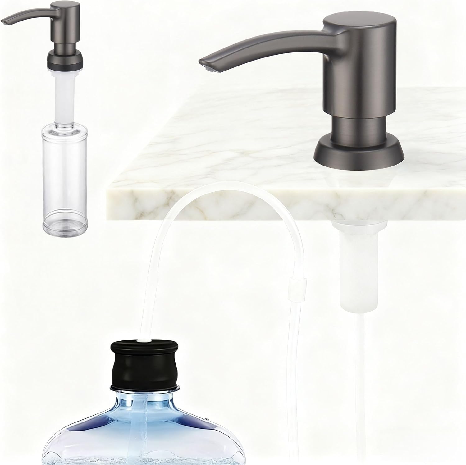Kitchen Sink Soap Dispenser, Built in Countertop Dispenser with ABS Pump, Under Counter Refillable Bottle for Dish Soap & Hand Lotion, Gunmetal Gray