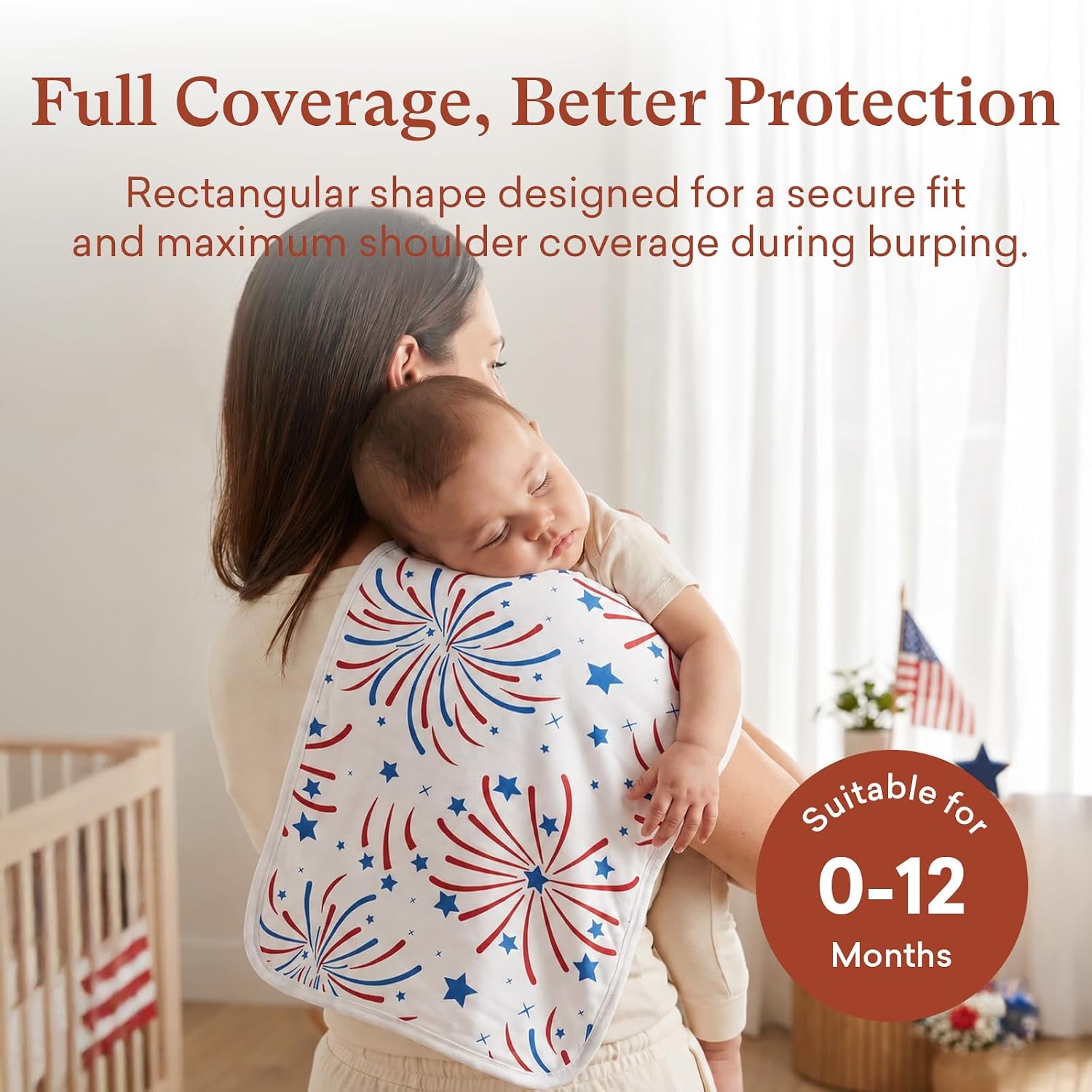 Premium Waterproof Baby Burp Cloths 8 Pack, Extra Large 13" x 26" Soft Absorbent Burping Cloths for Newborn Infant, Patriotic 4th of July Baby Essentials(Stars Fireworks)