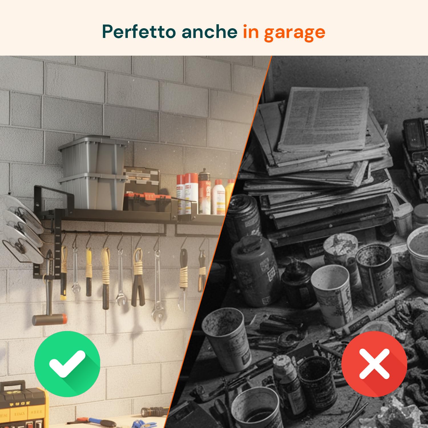 Wintem – Porta Pentole Coperchi Salvaspazio da Parete con Mensole e 12 Ganci, Organizer Cucina in Ferro per Pentole Coperchi e Mestoli, Sistema Verticale Robusto e Funzionale per Uso Quotidiano