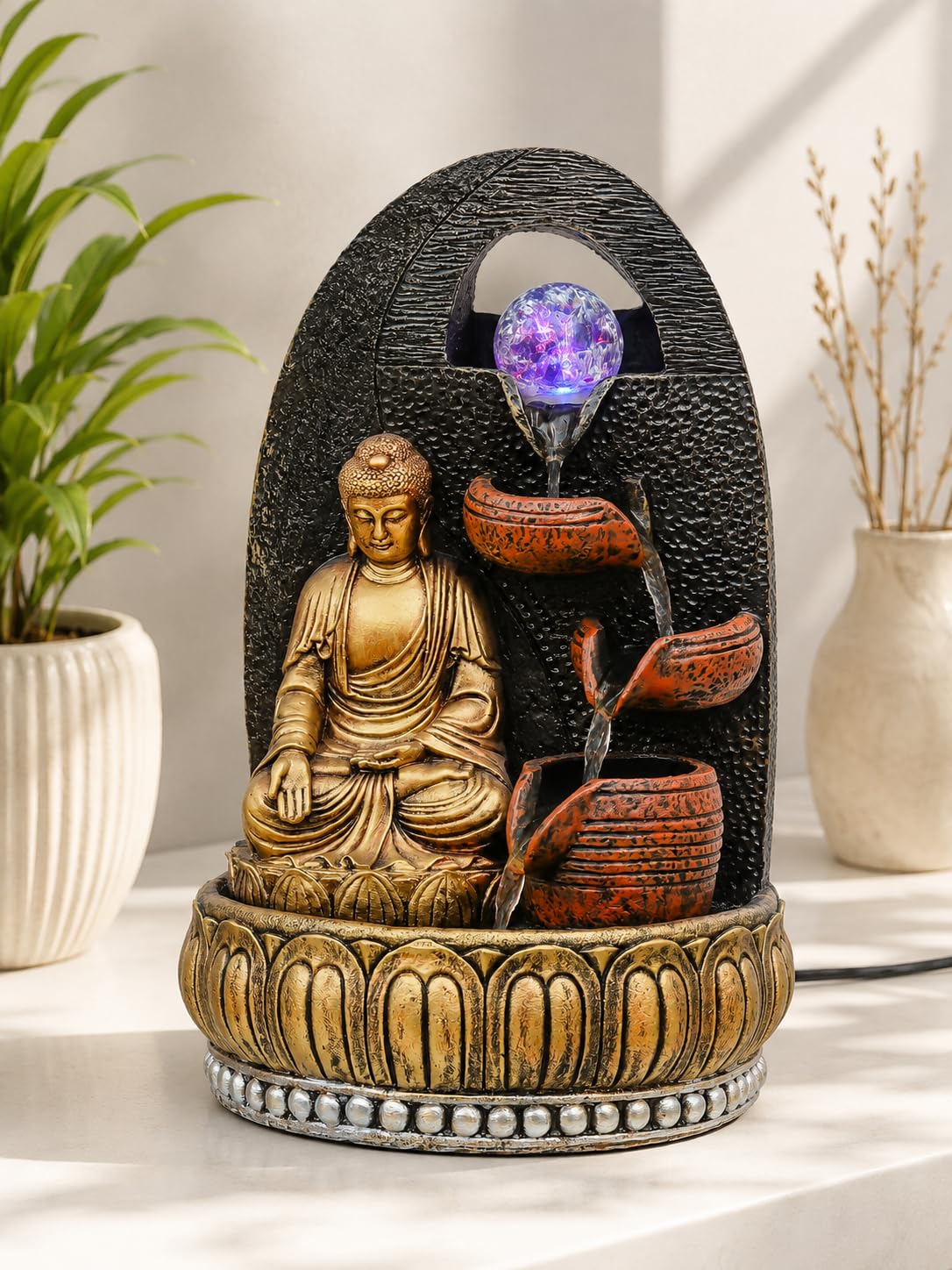 CHRONIKLE Golden Brown Polyresin Tabletop Buddha 4 Step Indoor Water Fountain for Home Decor with LED, Speed Control Pump (Size: 24 x 18 x 36 CM | Weight: 1740Gram)-image-28