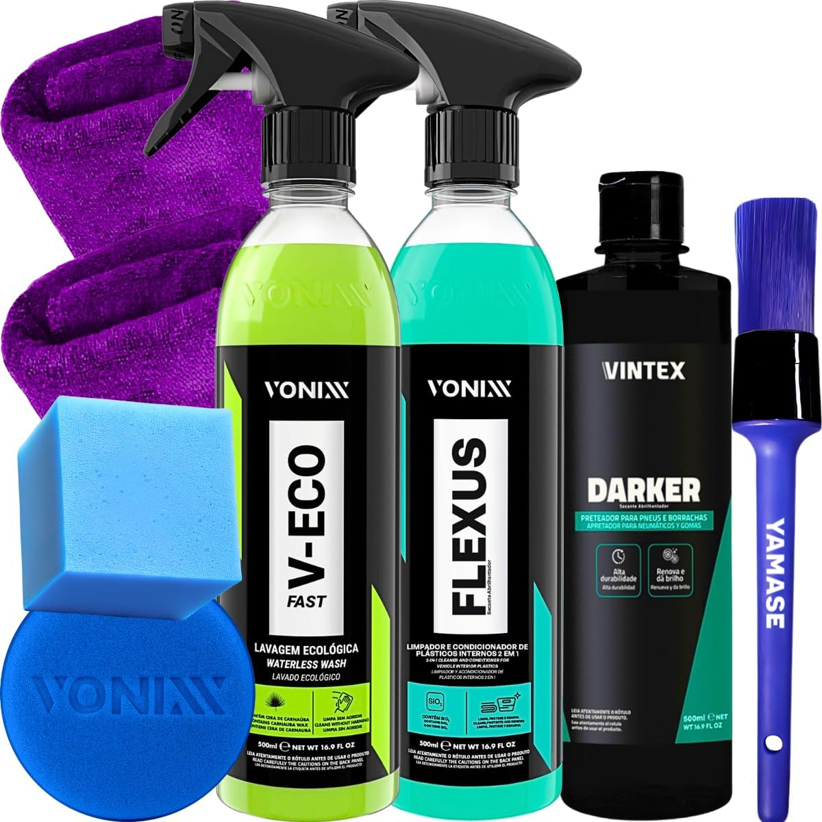 Kit Lavagem a Seco Completa Flexus Limpador Interno 2 em 1 V-eco Limpador Externo Automotivo Sem Agua Darker Pneu Pretinho
