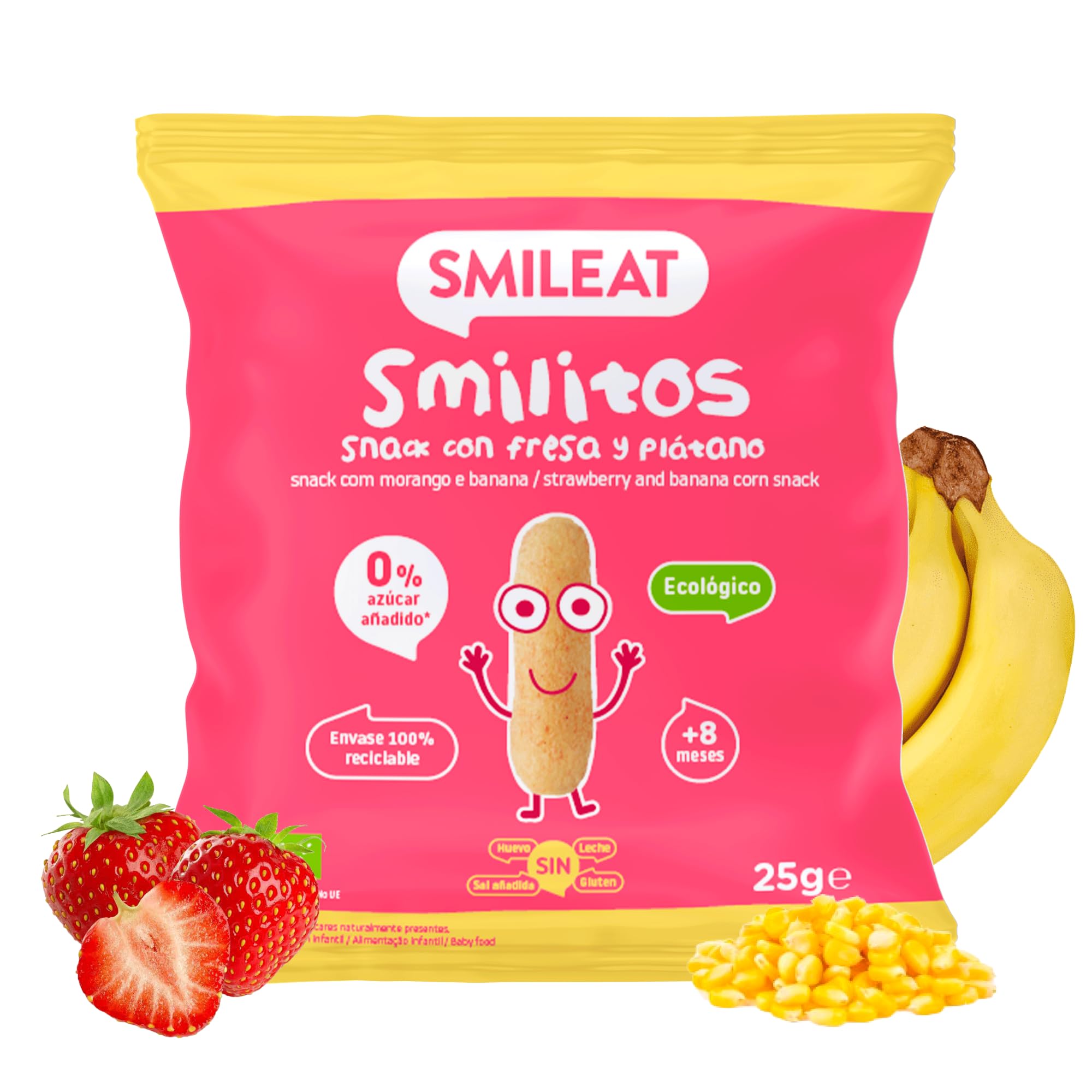 Smileat Bolsas de Snacks Ecológicos de Maíz Fresa y Plátano Pack 12 x 25g
