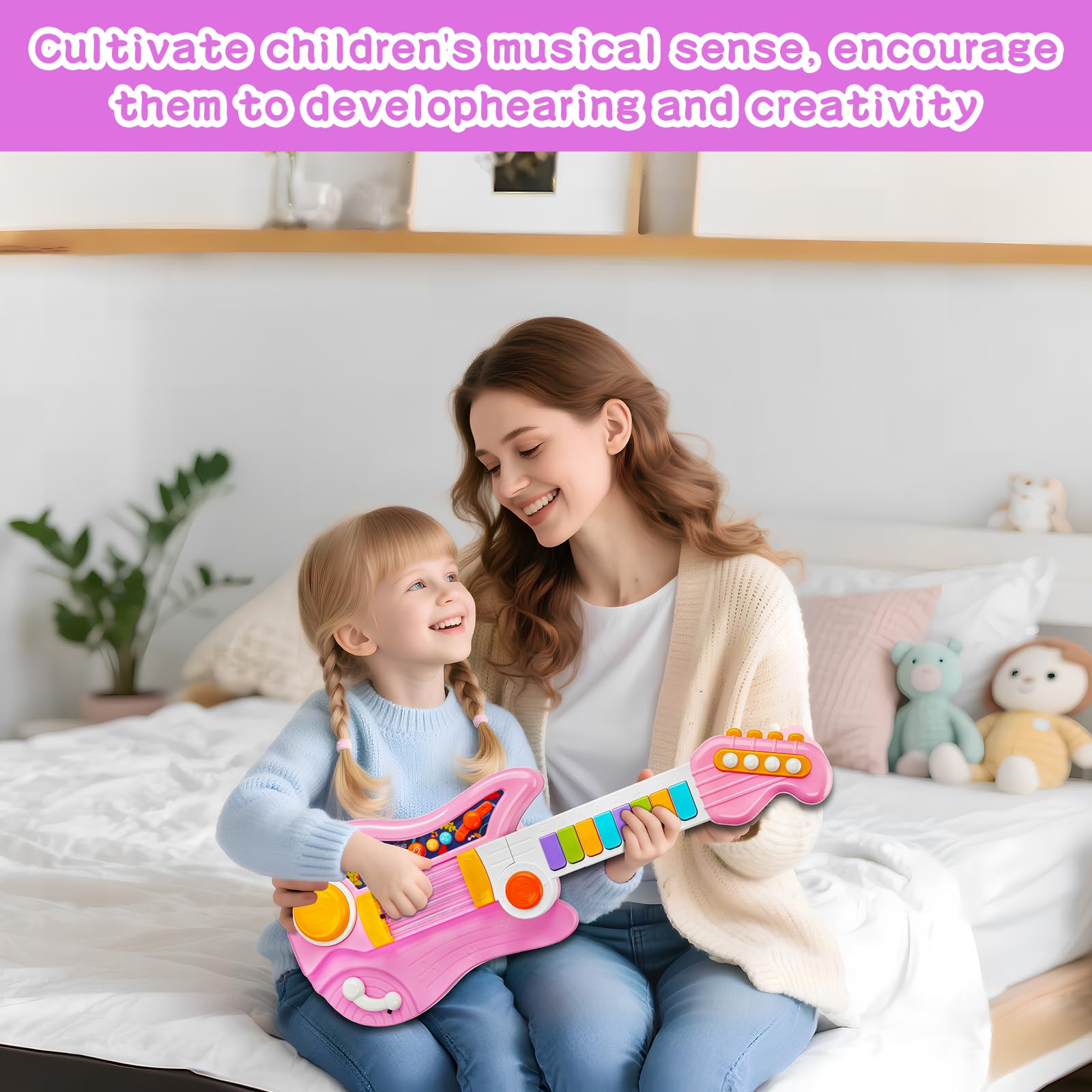 Chitarra Giocattolo Musicale per Bambini, 4 Modalità di Gioco, Strumento Musicale Giocattolo Multifunzione con Canzoni,Luce e Cinghia,Strumenti Musicali per Bambini, dai 12 Mesi+