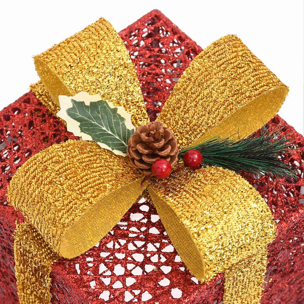 Set di 3 scatole regalo natalizie con illuminazione a LED, scatole luminose decorative per interni ed esterni, 60 LED, 8 effetti luminosi, rosso oro