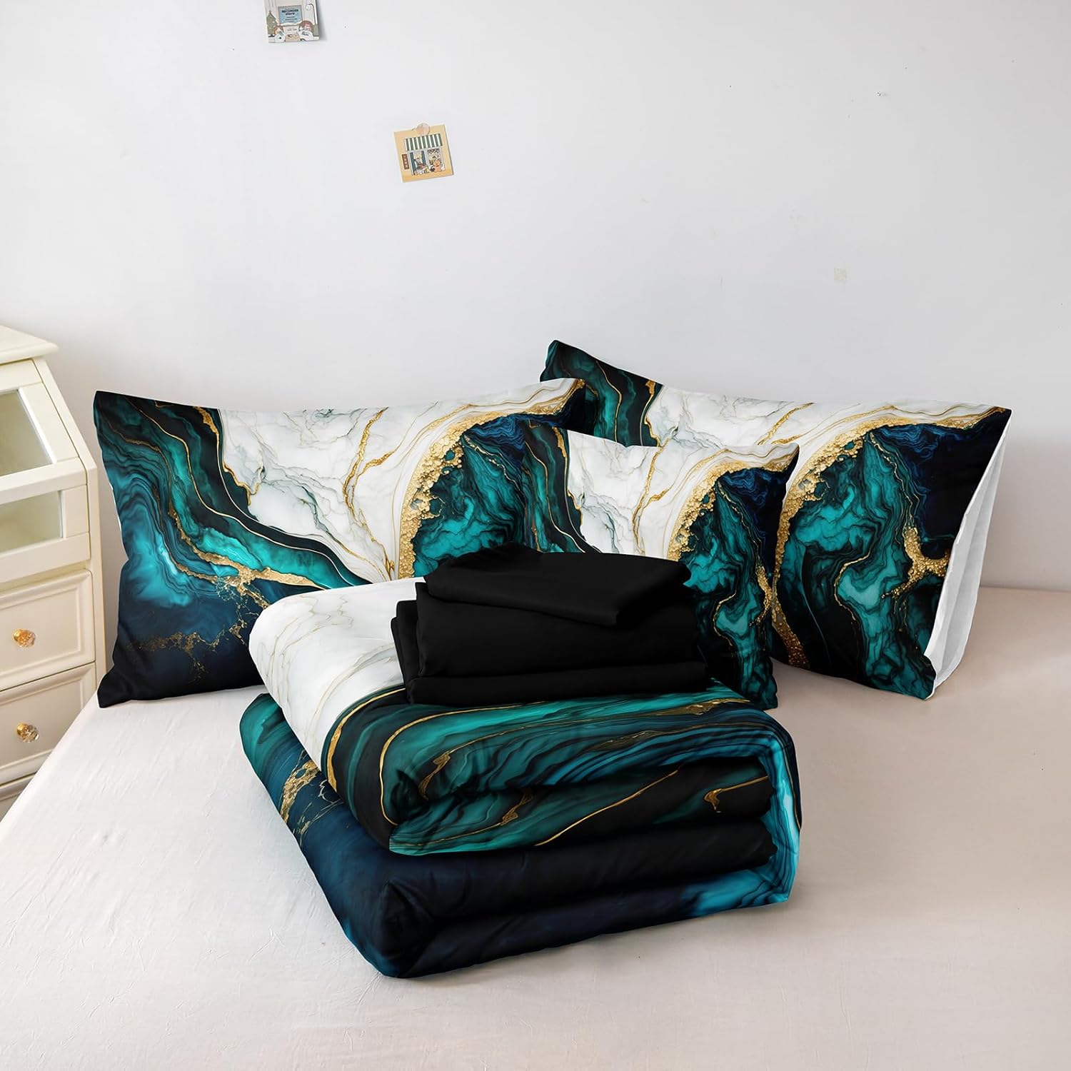 Herside Blue and Gold Marble Comforter Set 8 Pieces,King Size Bed in a Bag Set,Abstract Texture Modern Bedding Set,Soft Microfiber Lightweight Comforter Bed Set with Sheets and Pillowcases