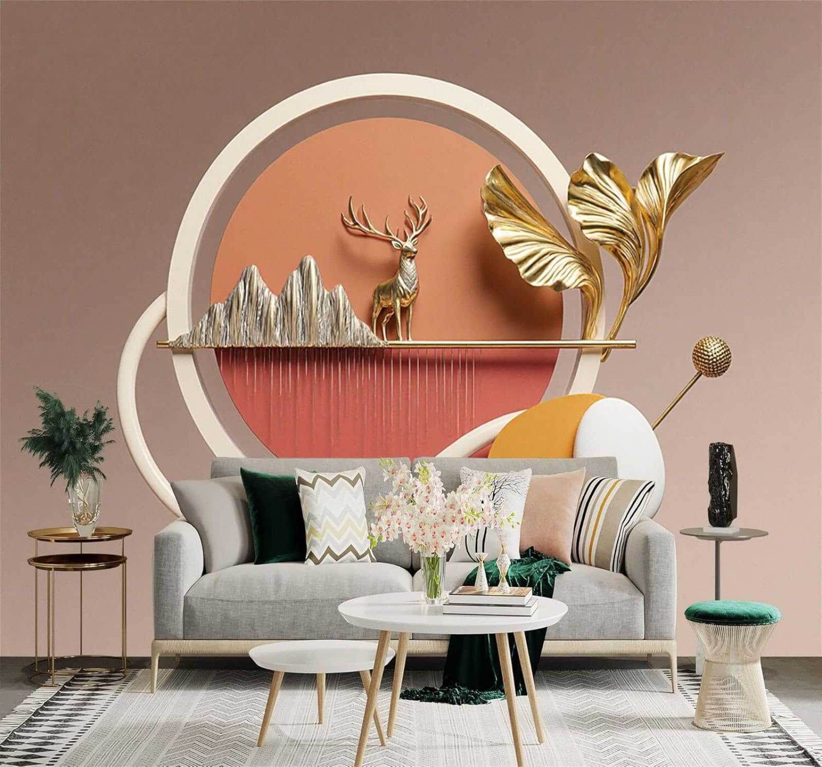 XLMING Abstract Mountains Creative Geometric Shapes Golden Deer 3D Wallpaper Silky Texture Home Study Office Grey Dining Room Sofa Bedroom Living Room TV Backdrop-400cm×280cm