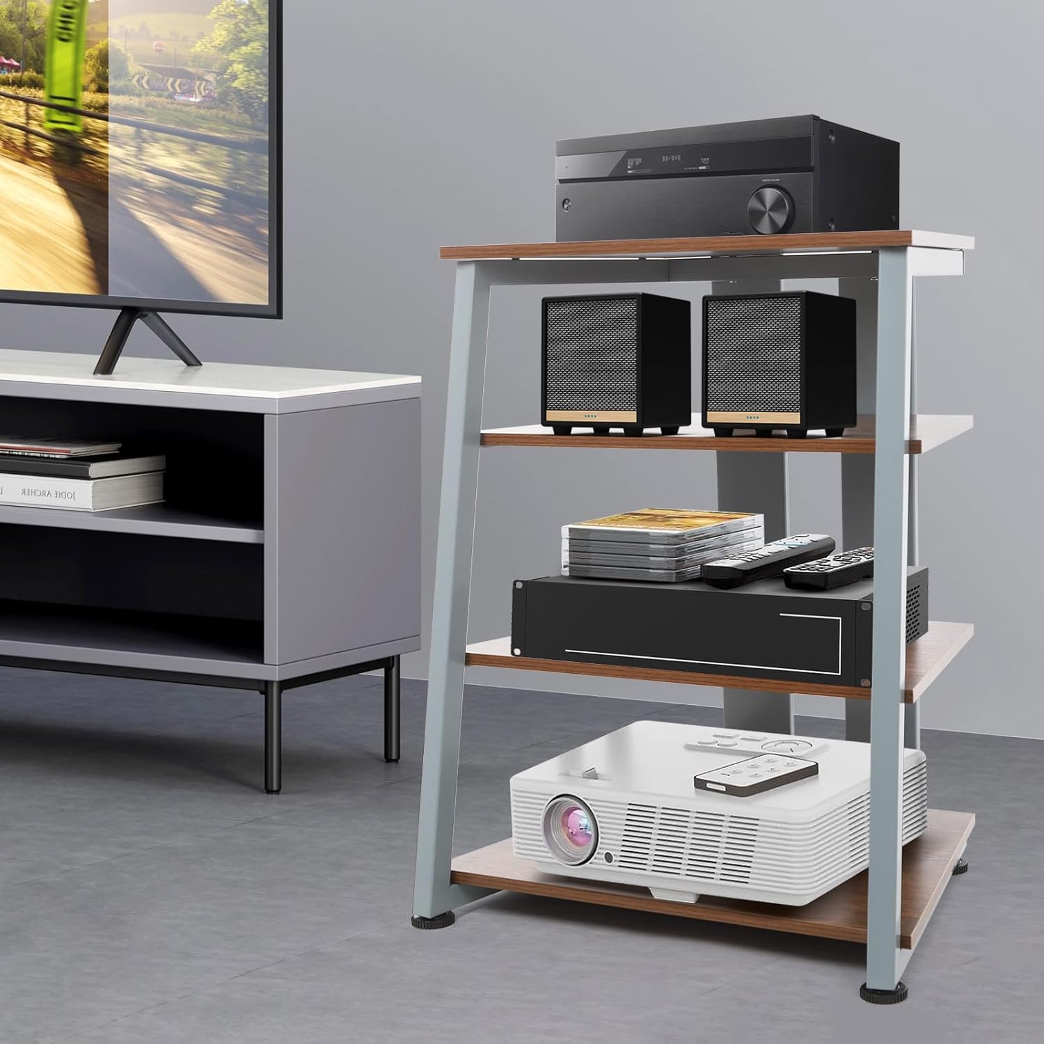 4-Tier AV Media Stand, 110LBS Capacity Center Stereo Components Storage Stand, 24 x 20 x 31in DVD/CD Holder with Storage Shelves Audio Media Stand for Living Room, Game Room (Brown+Grey)