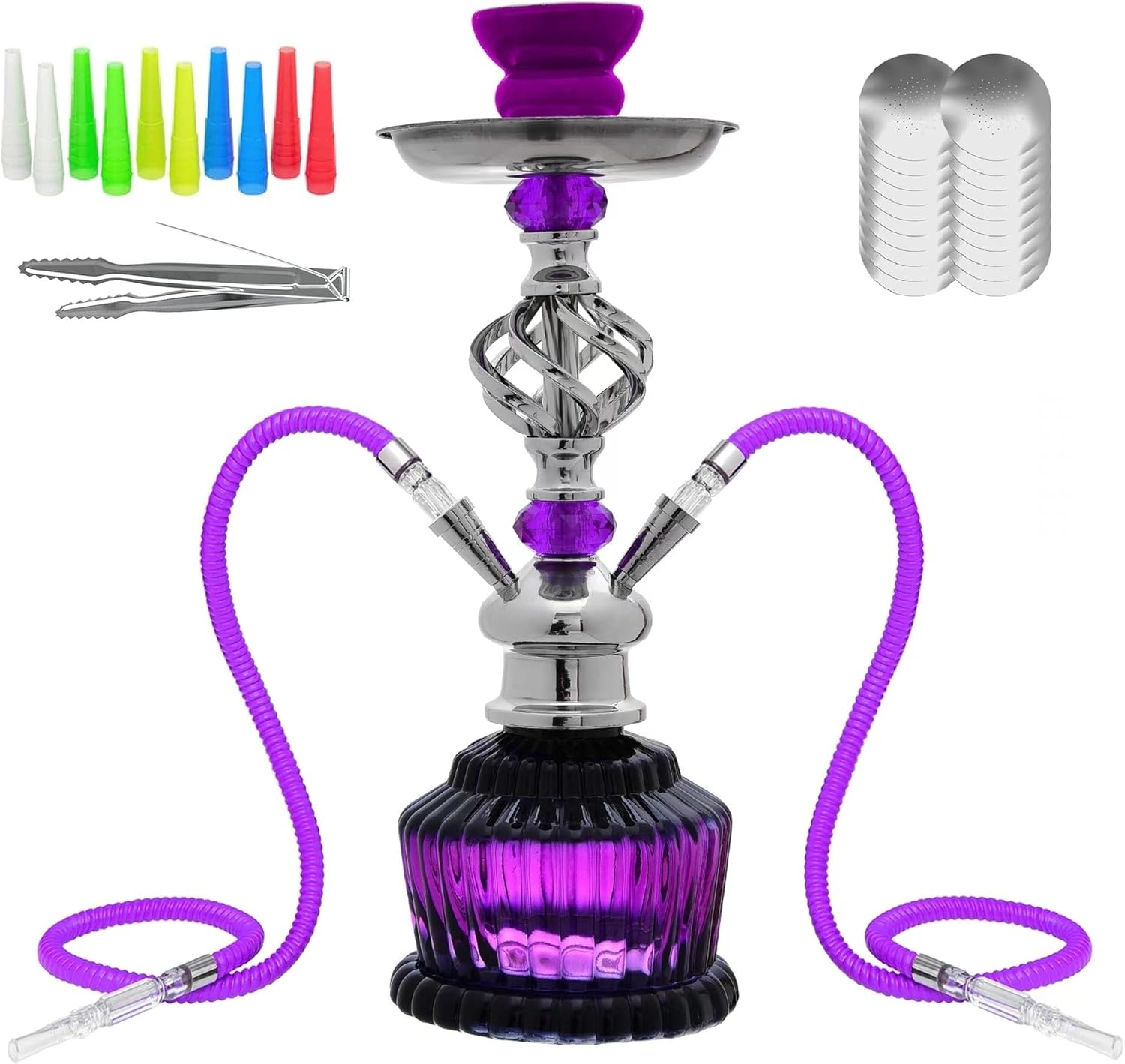Photo 1 of  Hookah Set With Everything 15'' Shisha Hookah Complete Set - Glass Vase, Ledther Hose, Foils, Hookah Tips, Ceramic Bowl, Coal Tong (purple) 