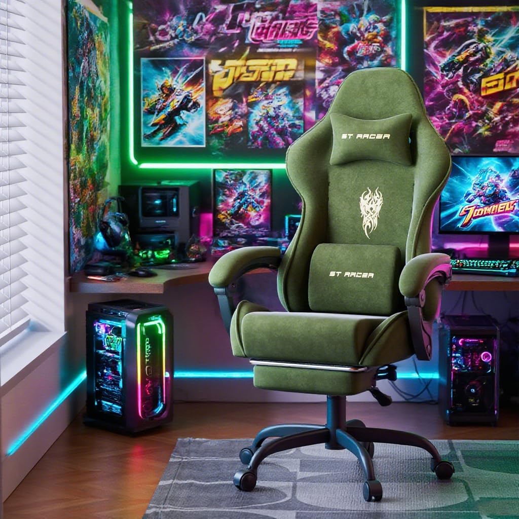 Huracan Sedia da gaming con massaggio lombare, Sedia da Gamer ergonomica, in tessuto di velluto, Poltrona da Gaming con poggiatesta regolabile e cuscino lombare, poggiapiedi, verde