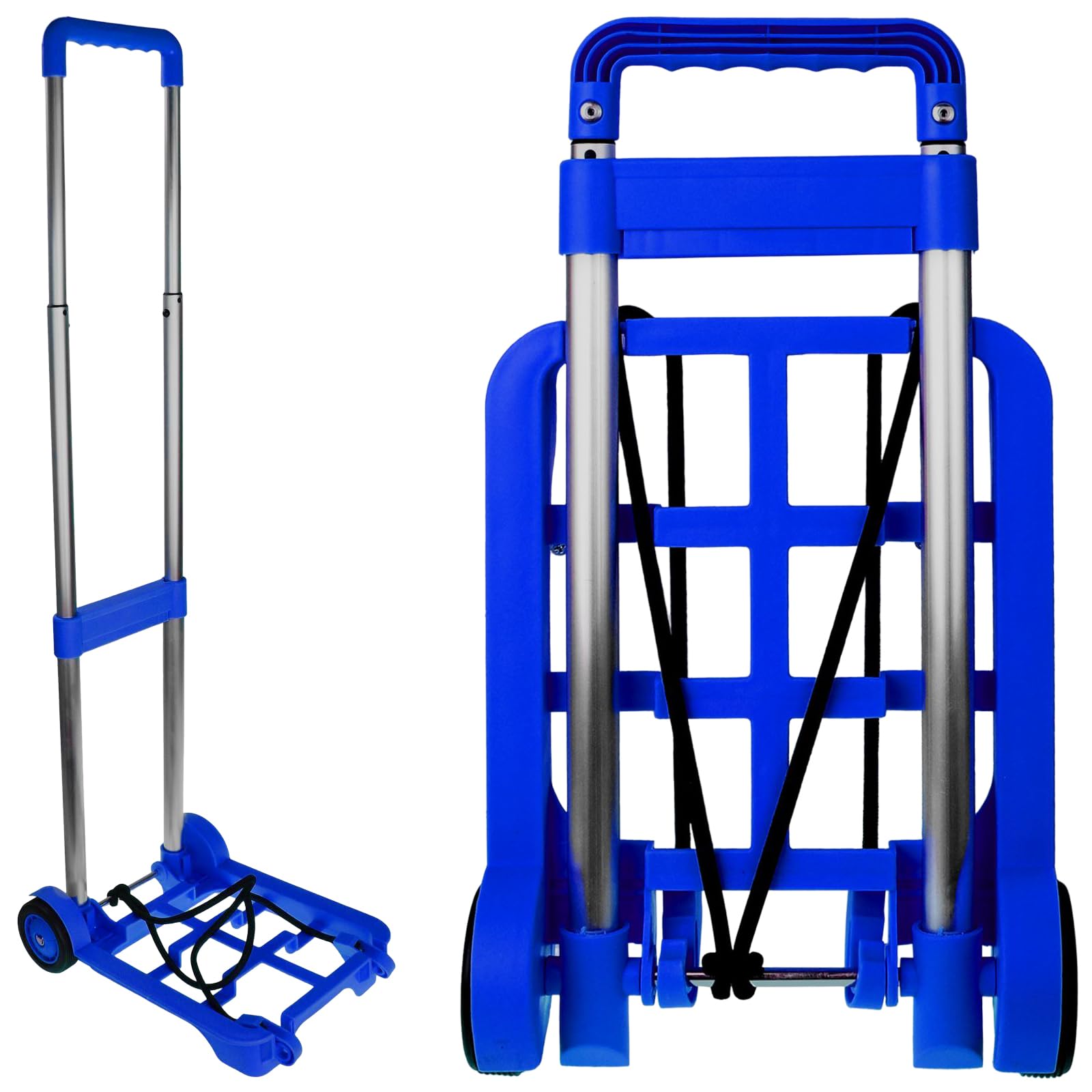 Blue Collapsible Trolley with Wheels – Folding Luggage Cart with Bungee Straps – 15kg Load Capacity – Lightweight Suitcase Bag Carrier for Travel, Camping, Holidays & Festivals – Compact Trolley