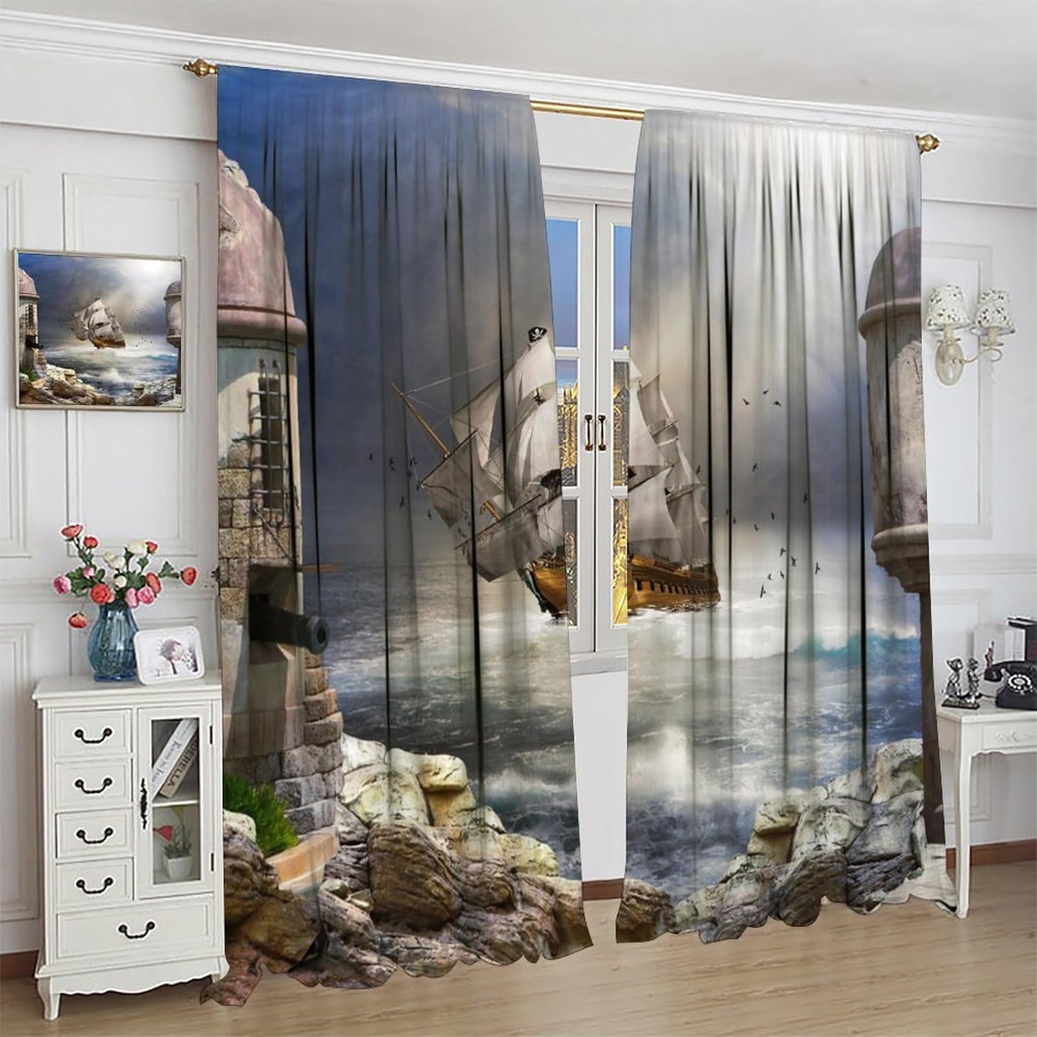 Brebasf Rustic Mid Century Pirate Ship Curtains for Living Room Watercolor Nautical Wooden Board Ship Coastal Lighthouse Thermal Insulated Rod Pocket Blackout Curtains/Drapes 2 Panels 63" L x 27.5" W